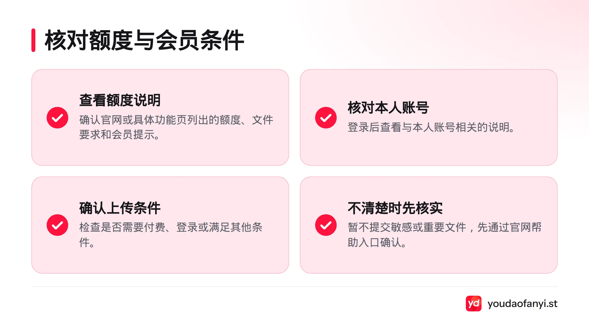 操作前依次查看官方额度说明、本人账号提示、上传条件,并在信息不清时通过帮助入口核实。