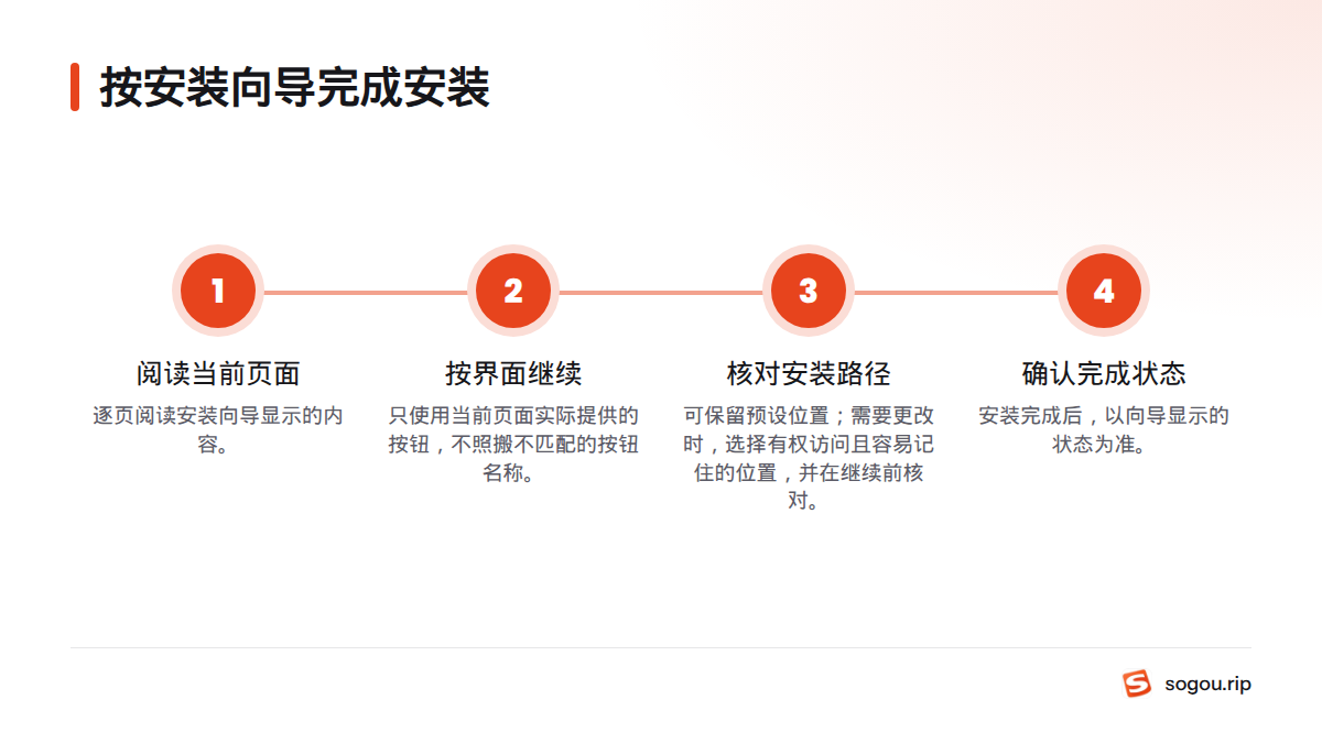 安装时逐页阅读向导并按当前界面操作；可保留预设路径，完成后依据向导状态确认结果。
