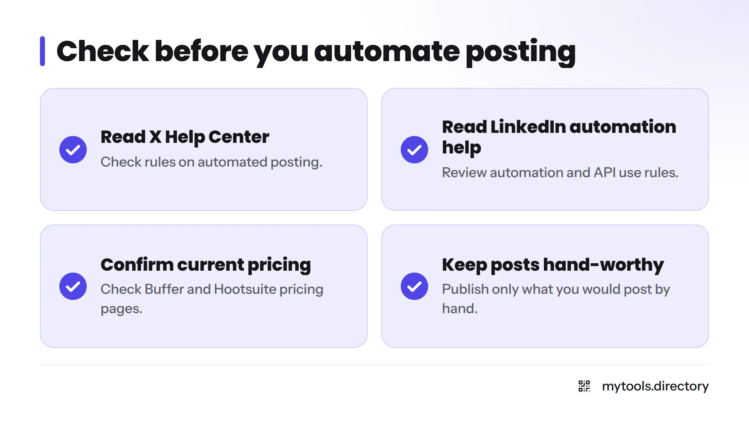 Checklist of steps to take before connecting an auto-posting tool to a social network.