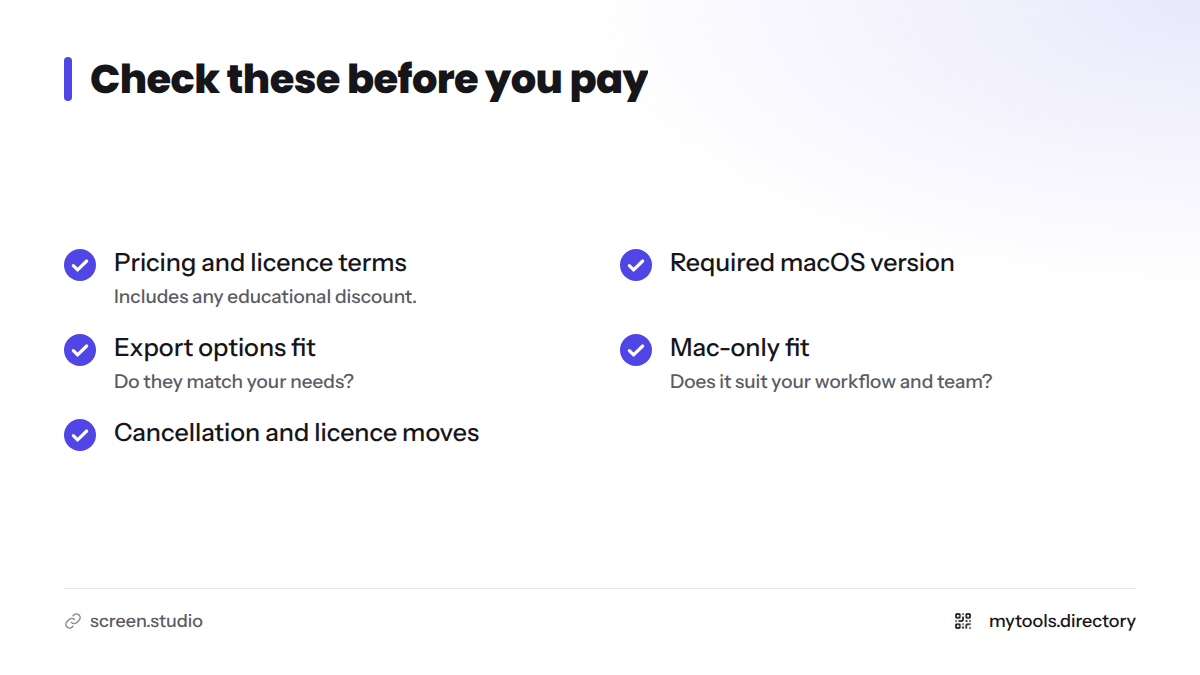 Checklist of five things to verify with the Screen Studio maker before paying.