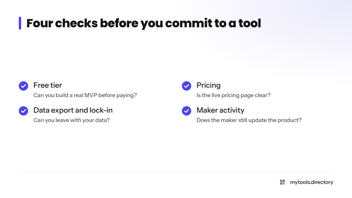 Checklist of four criteria: free tier, pricing, data export and vendor lock-in, and maker activity.