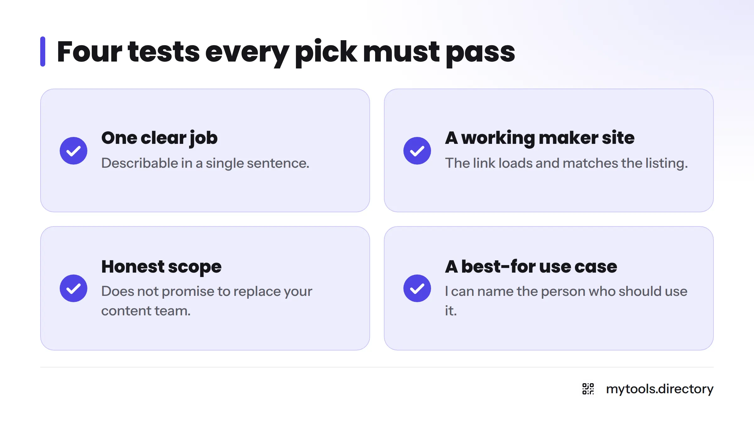 Checklist of four tests: one clear job, a working maker site, honest scope, and a best-for use case.