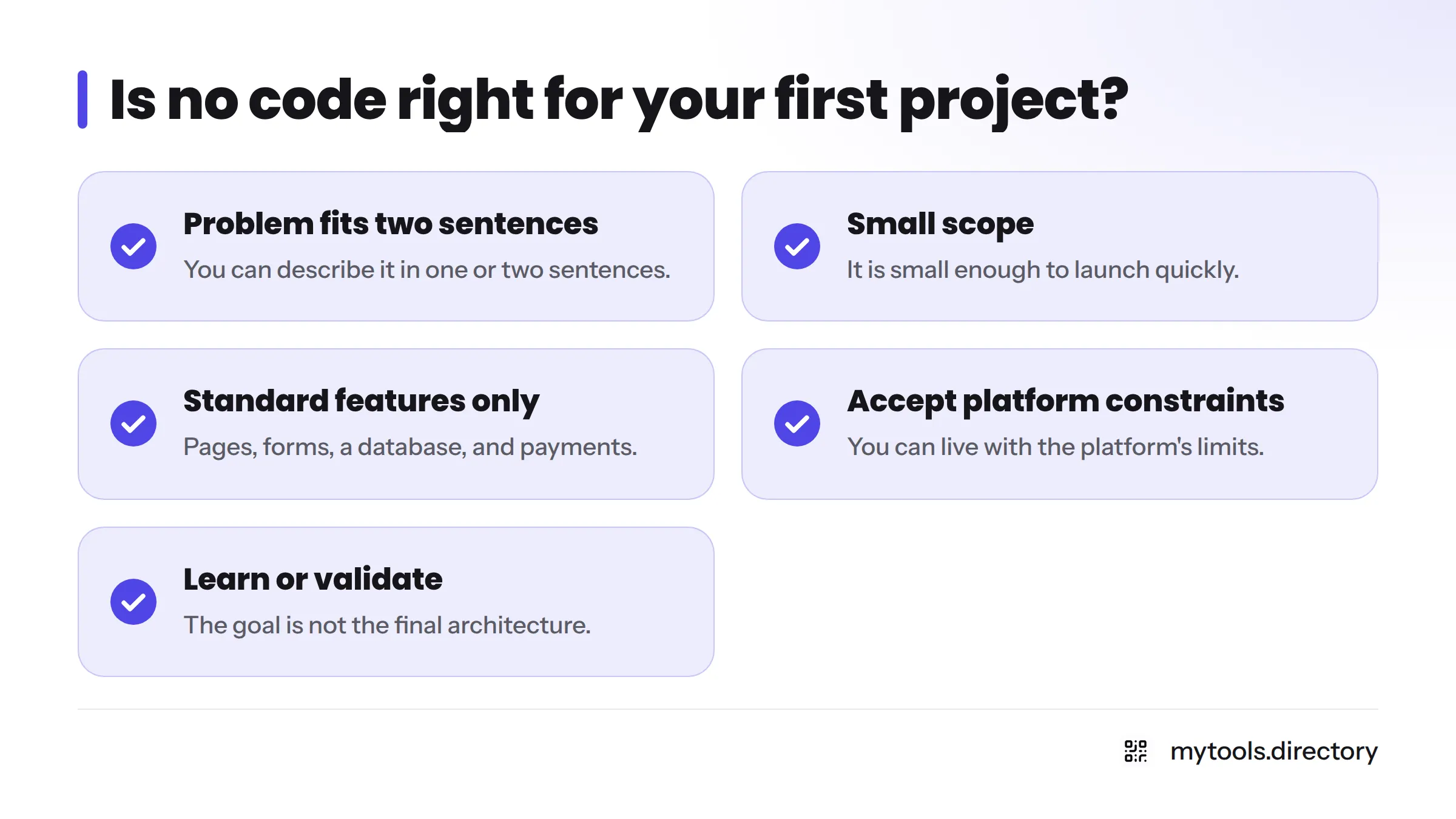 Checklist of five conditions that suggest no code suits a first project.