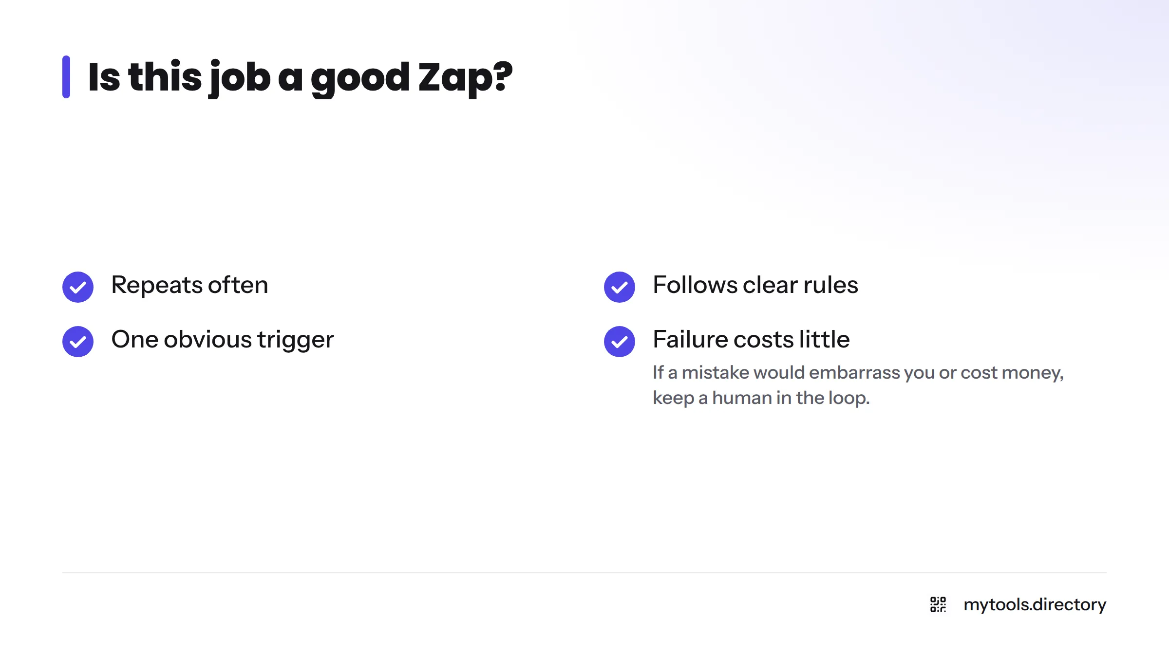 Checklist of four traits that make a job a good fit for a Zap: it repeats often, follows clear rules, has one obvious trigger, and a failure costs little.