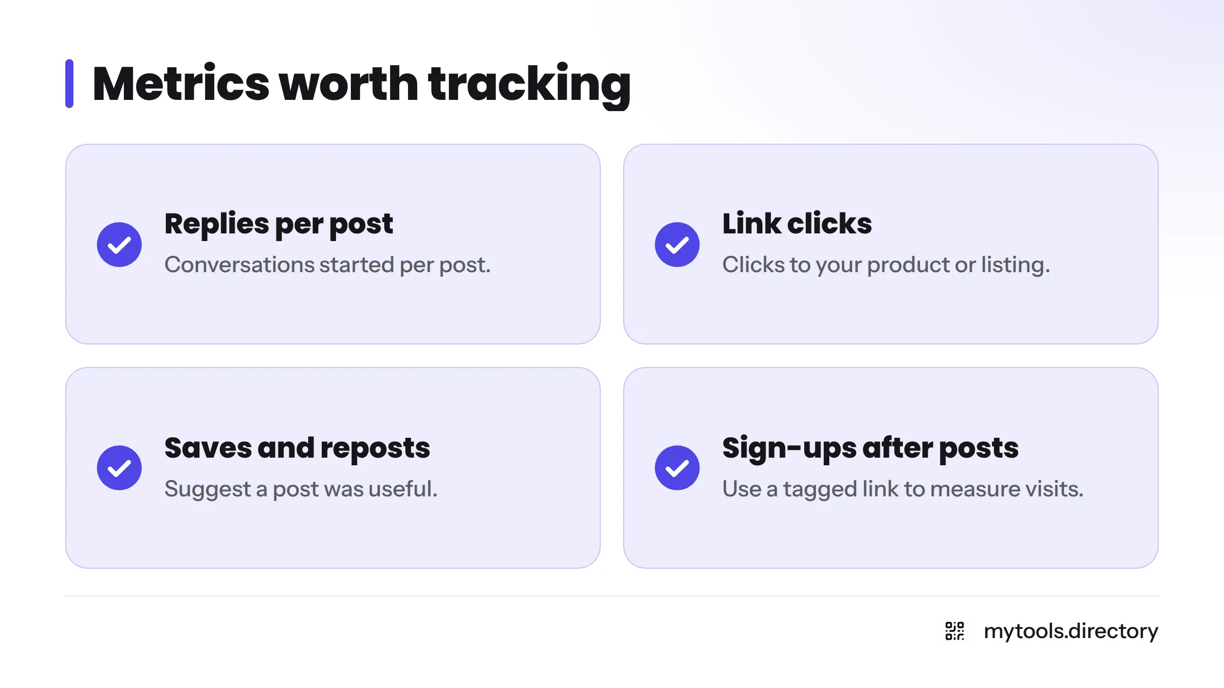 Checklist of four metrics worth tracking: replies, link clicks, saves and reposts, and sign-ups or visits after a post.