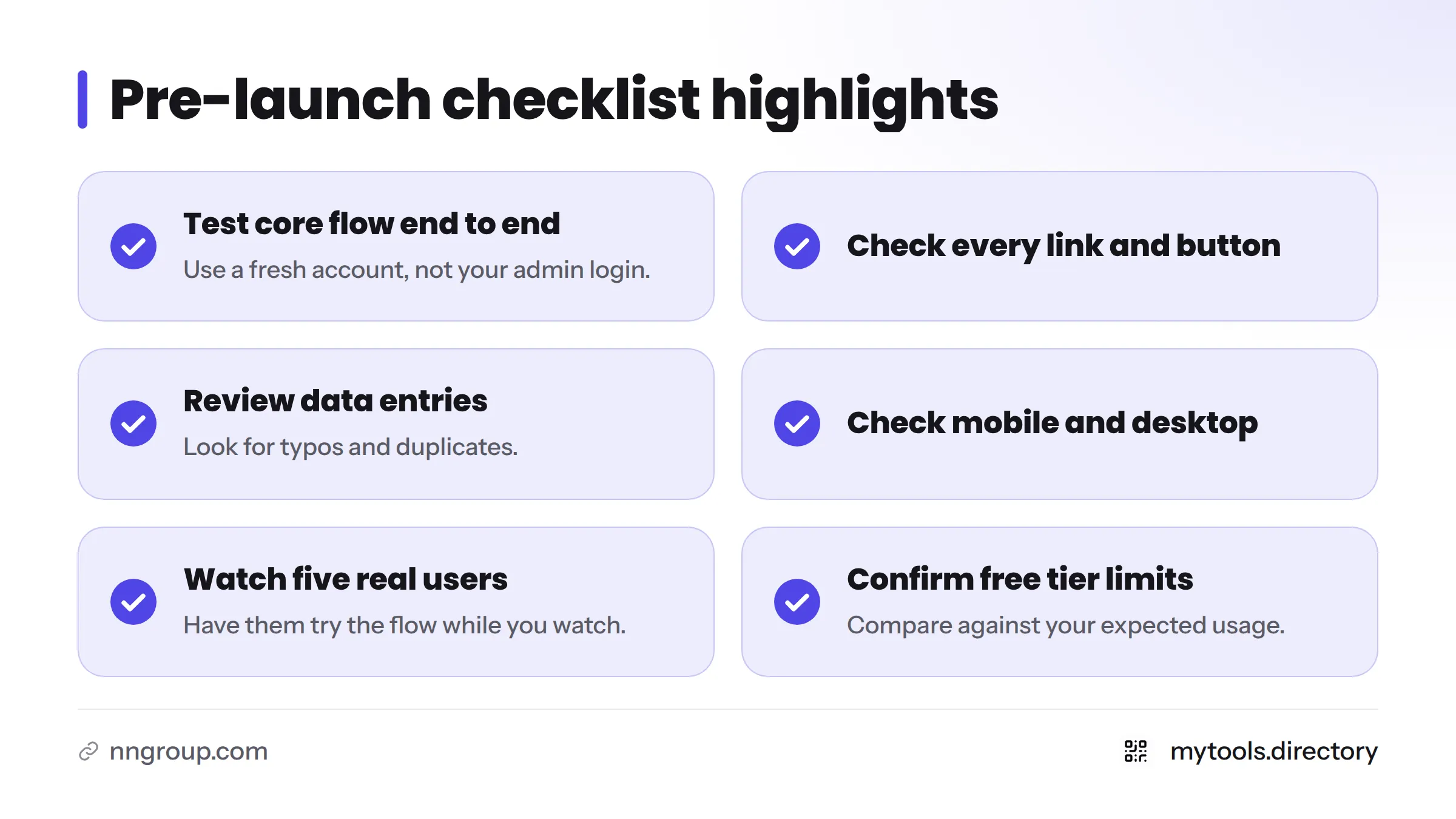 Checklist of six pre-launch checks, including testing the core flow on a fresh account and having five real users try the flow.