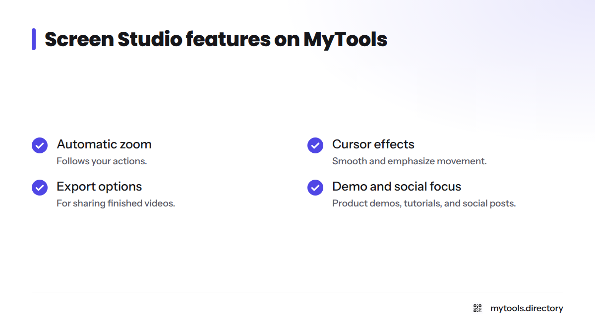 Checklist of the four points the MyTools listing highlights for Screen Studio.