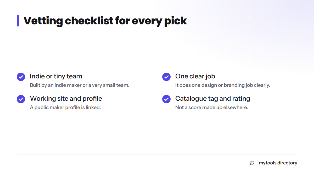 Four-point checklist every listed design tool must pass: indie maker, one clear job, working site and profile, catalogue tag and rating.