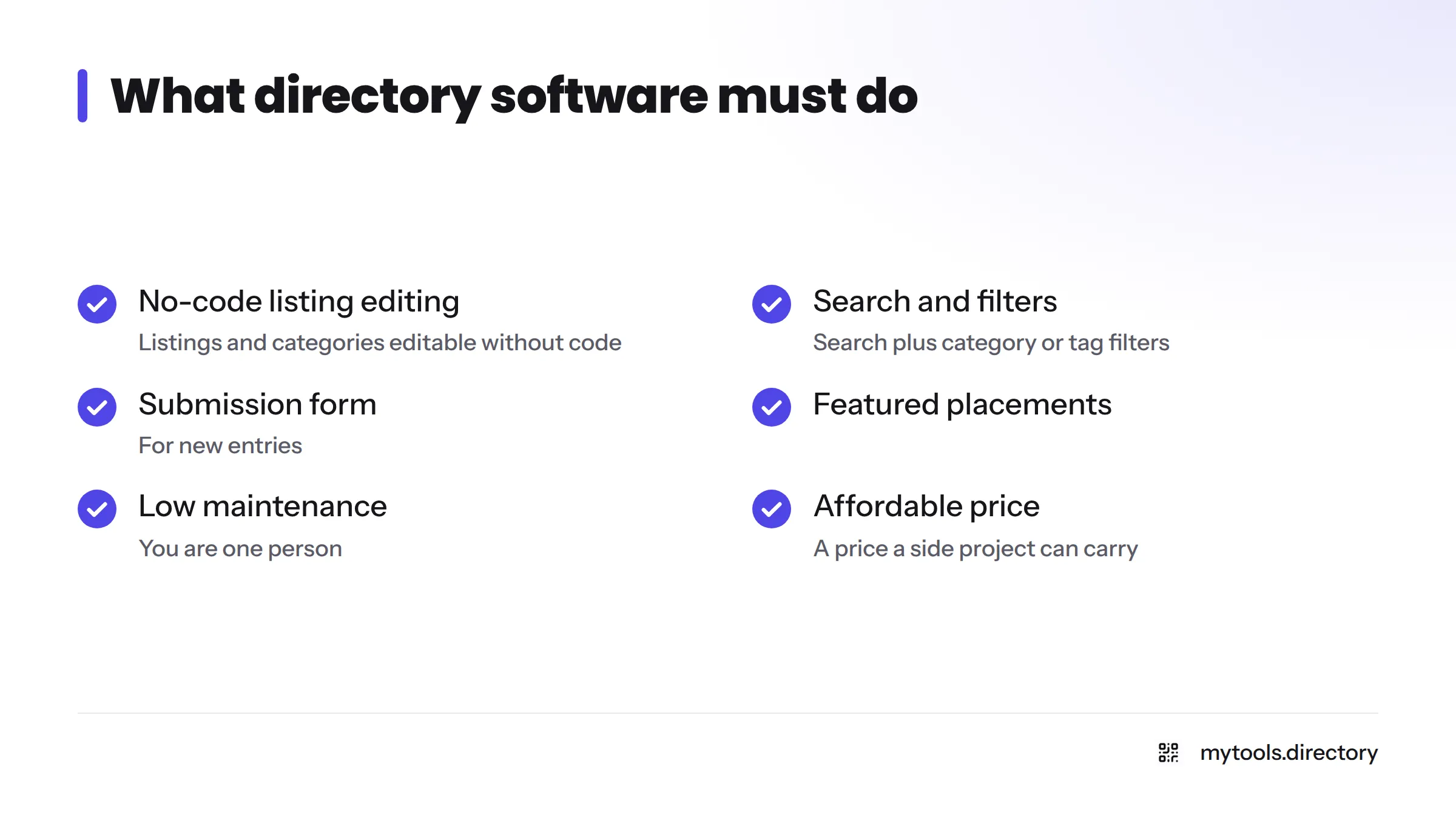 Checklist of seven requirements for directory software used by a solo operator, including no-code editing, search and filters, and a submission form.