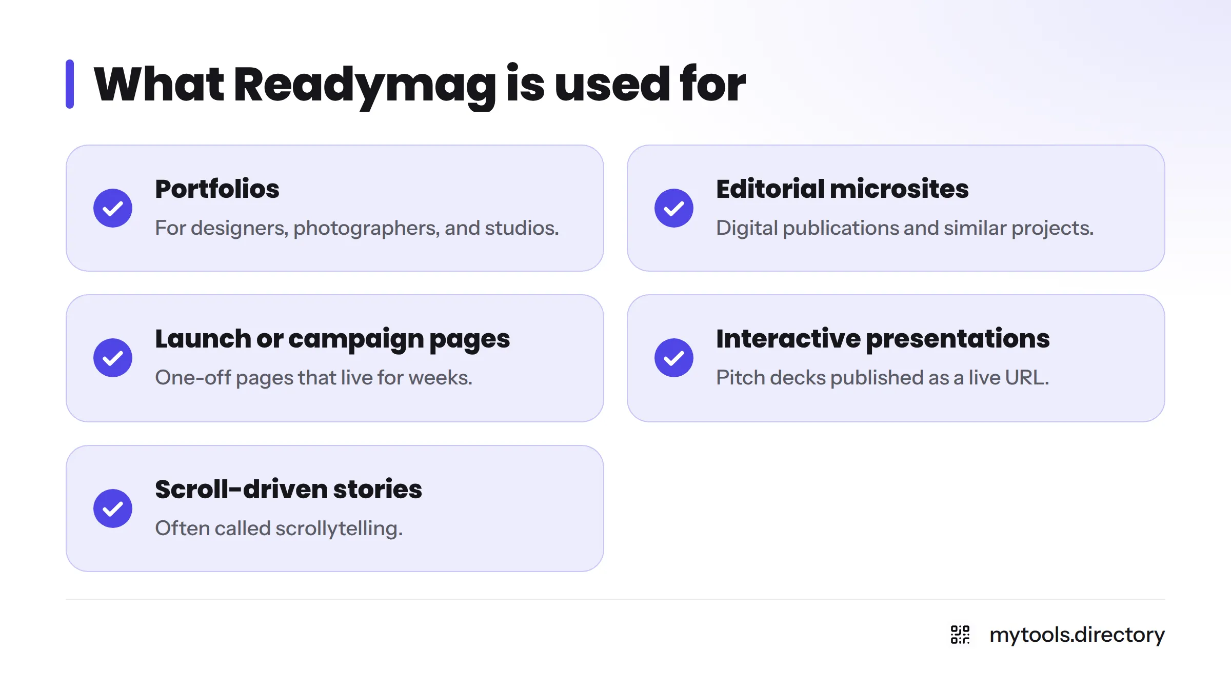 Checklist of five common Readymag uses: portfolios, editorial microsites, launch pages, presentations, and scrollytelling.