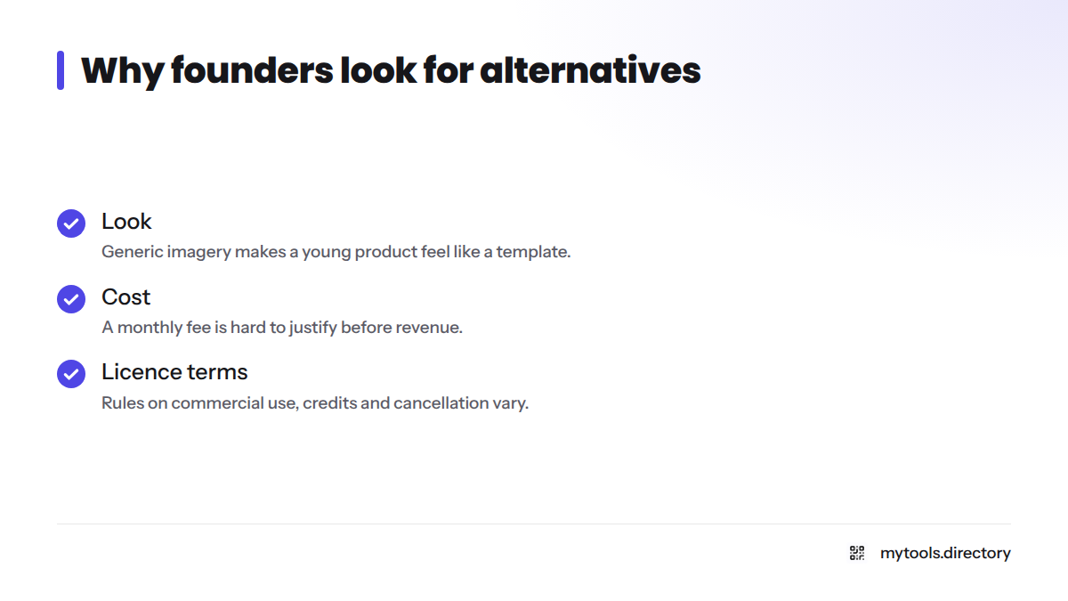 Three reasons founders look for alternatives to Death to Stock: look, cost and licence terms.