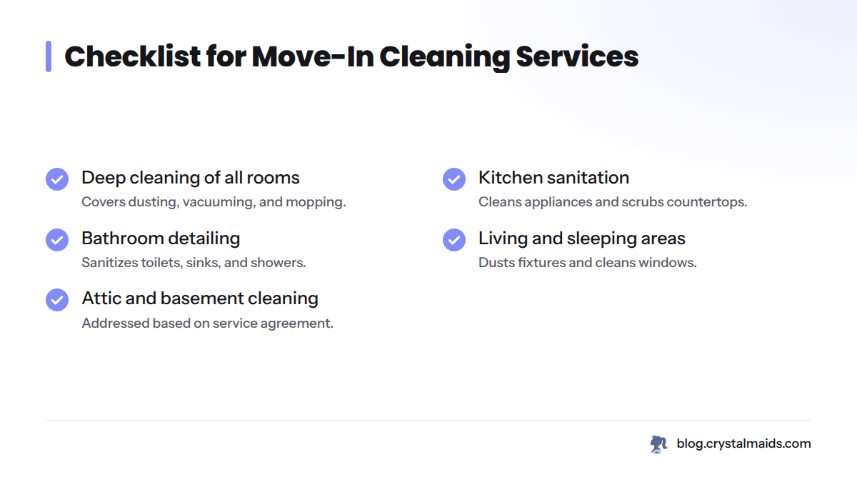 A checklist for move-in cleaning services includes deep cleaning and kitchen sanitation.