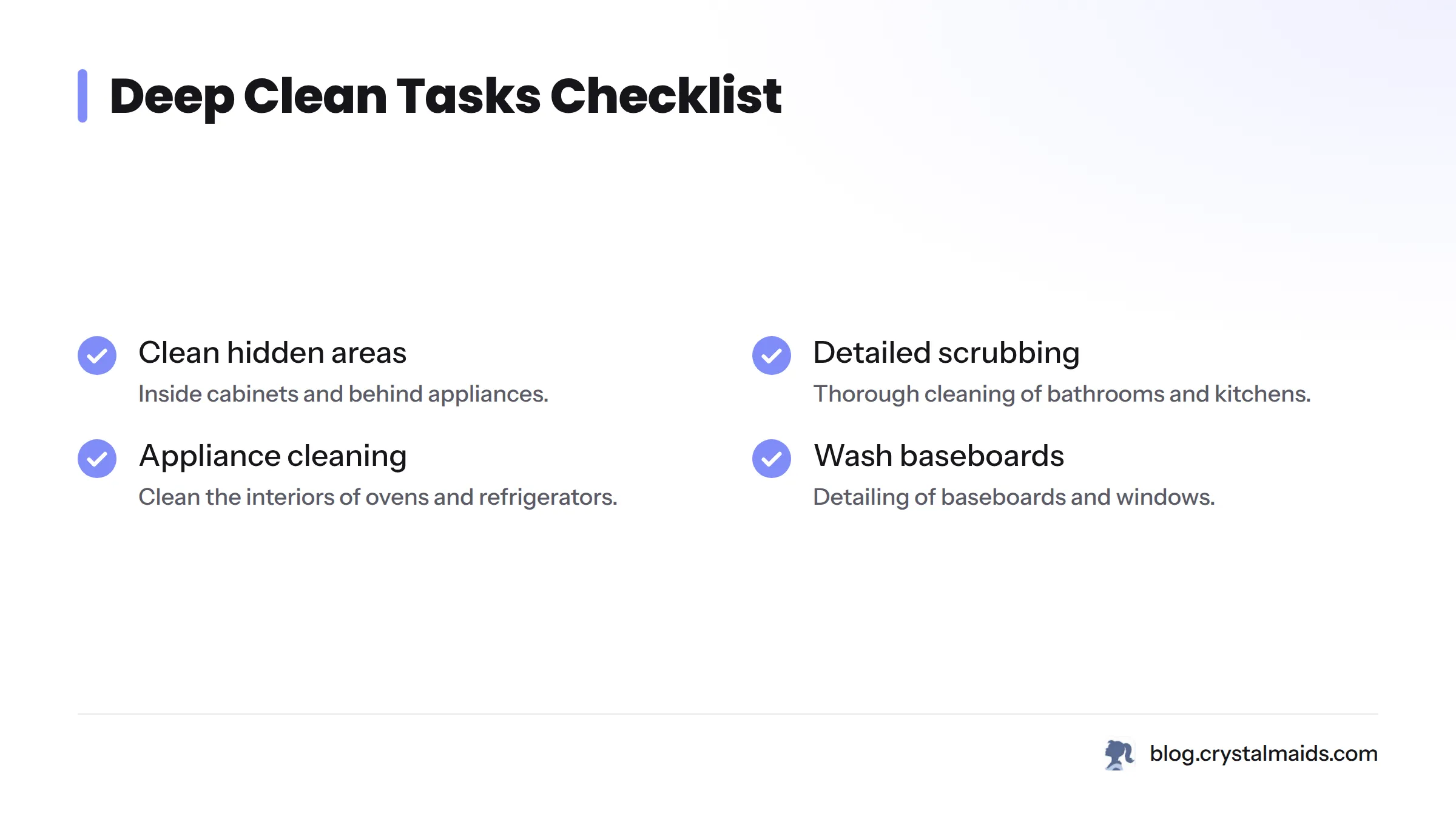 A checklist of tasks included in a deep clean.