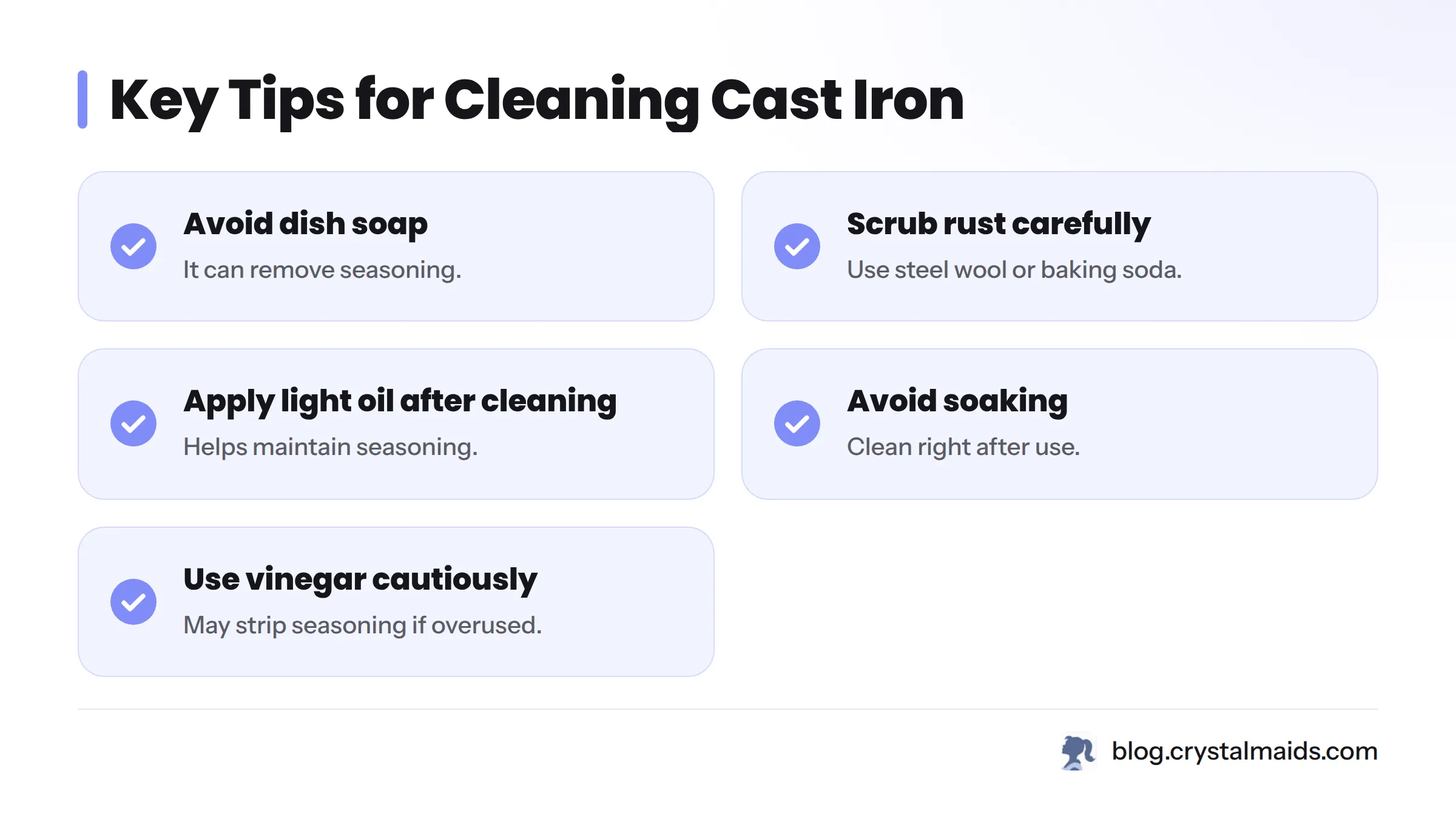 Checklist of key tips for cleaning cast iron cookware.