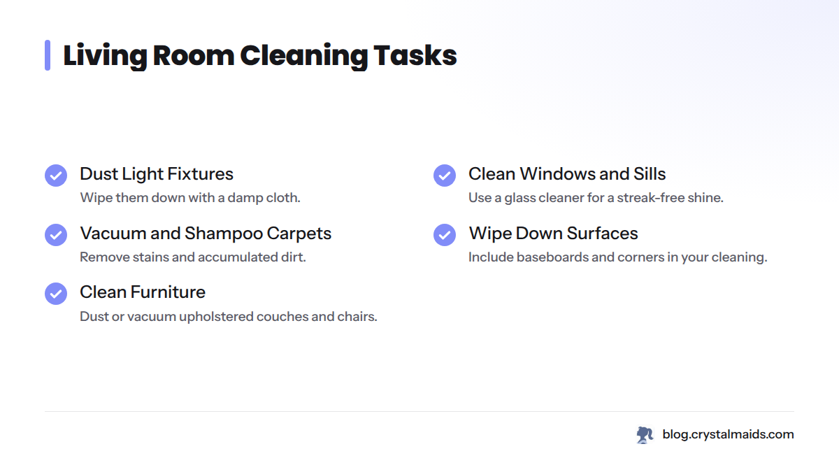 Checklist for living room cleaning tasks includes dusting fixtures, cleaning windows, vacuuming carpets, and more.