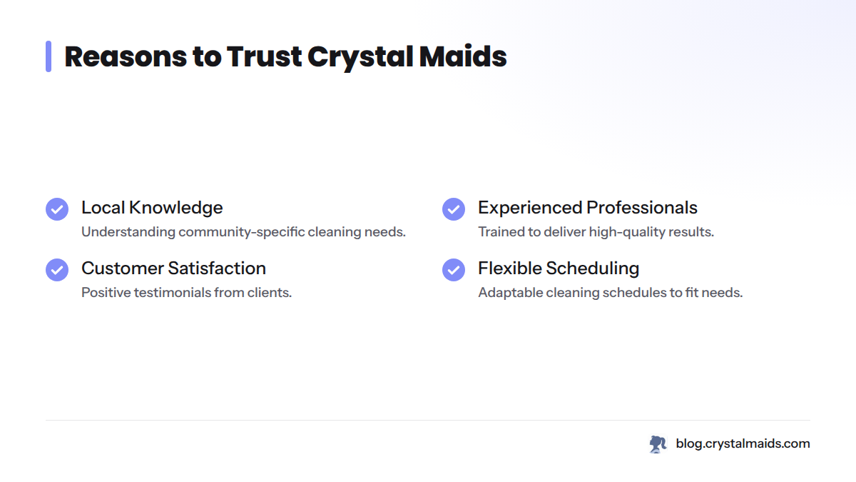 Checklist of reasons to trust Crystal Maids in Upper Marlboro, including local knowledge and customer satisfaction.