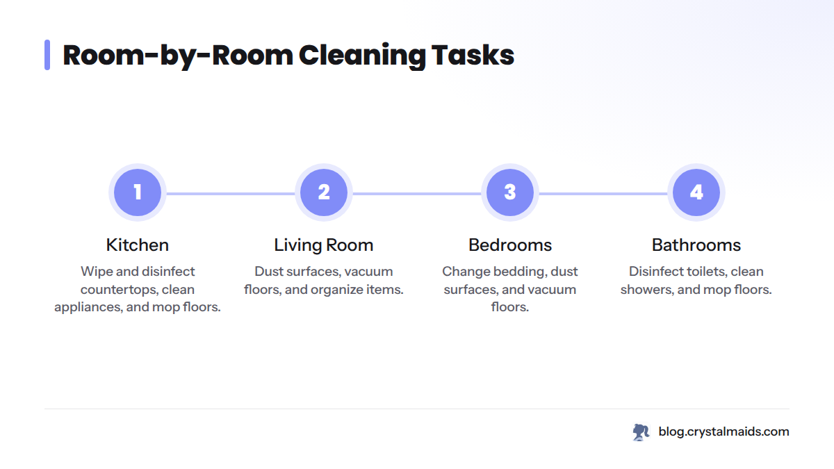 Overview of cleaning tasks for kitchen, living room, bedrooms, and bathrooms.