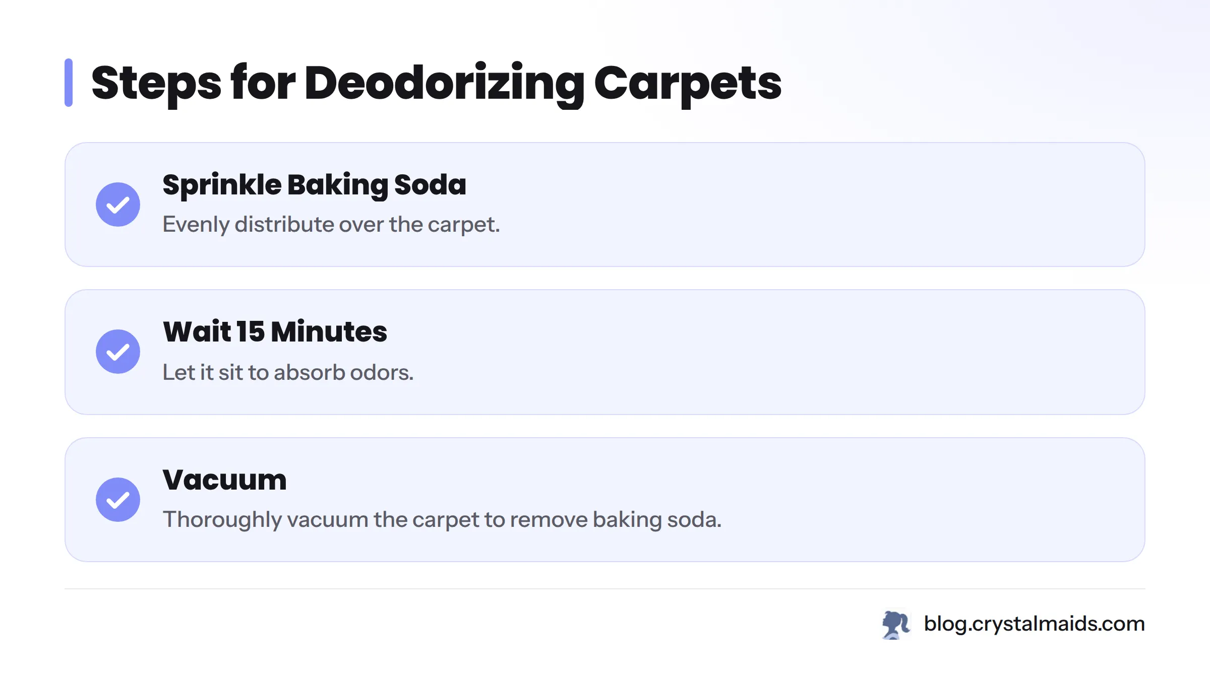 Checklist for deodorizing carpets with baking soda.