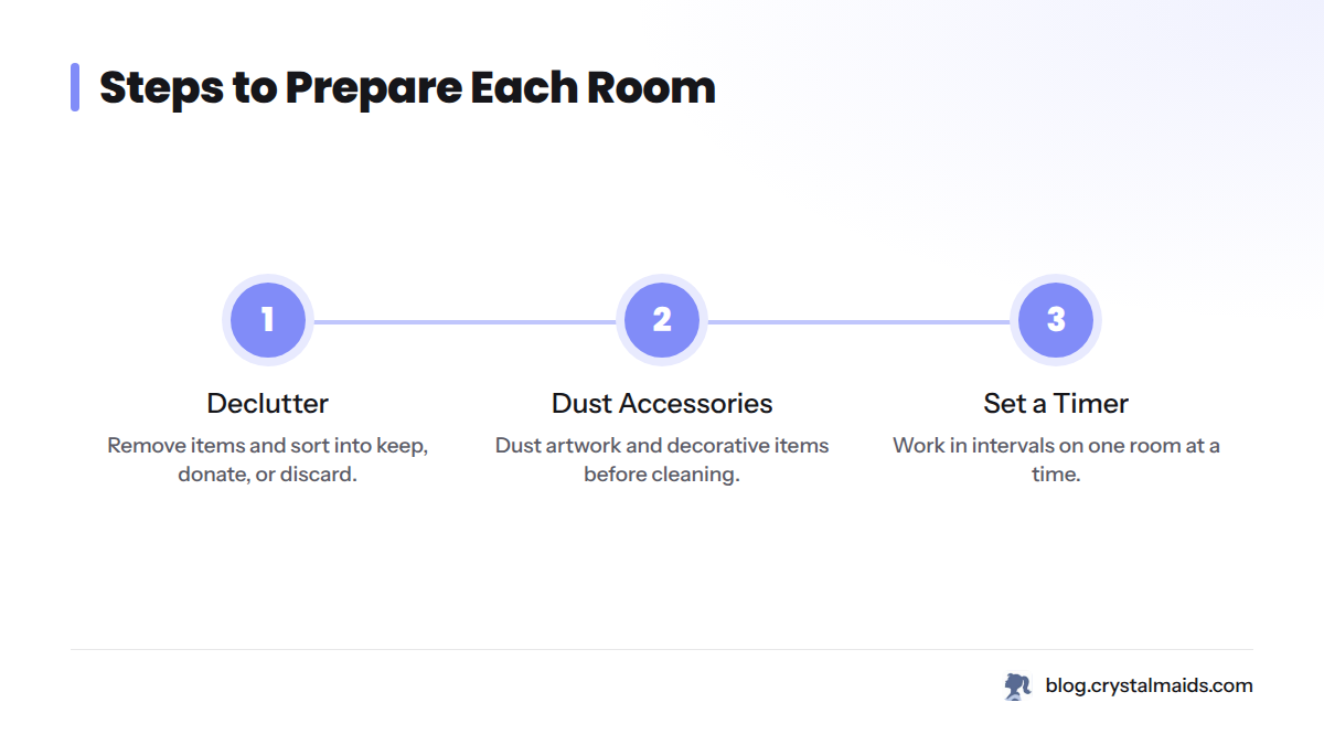 Steps for preparing a room for deep cleaning.