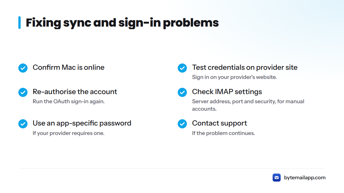 Checklist of six steps to try when an account will not sync or sign in, from checking the connection to contacting support.