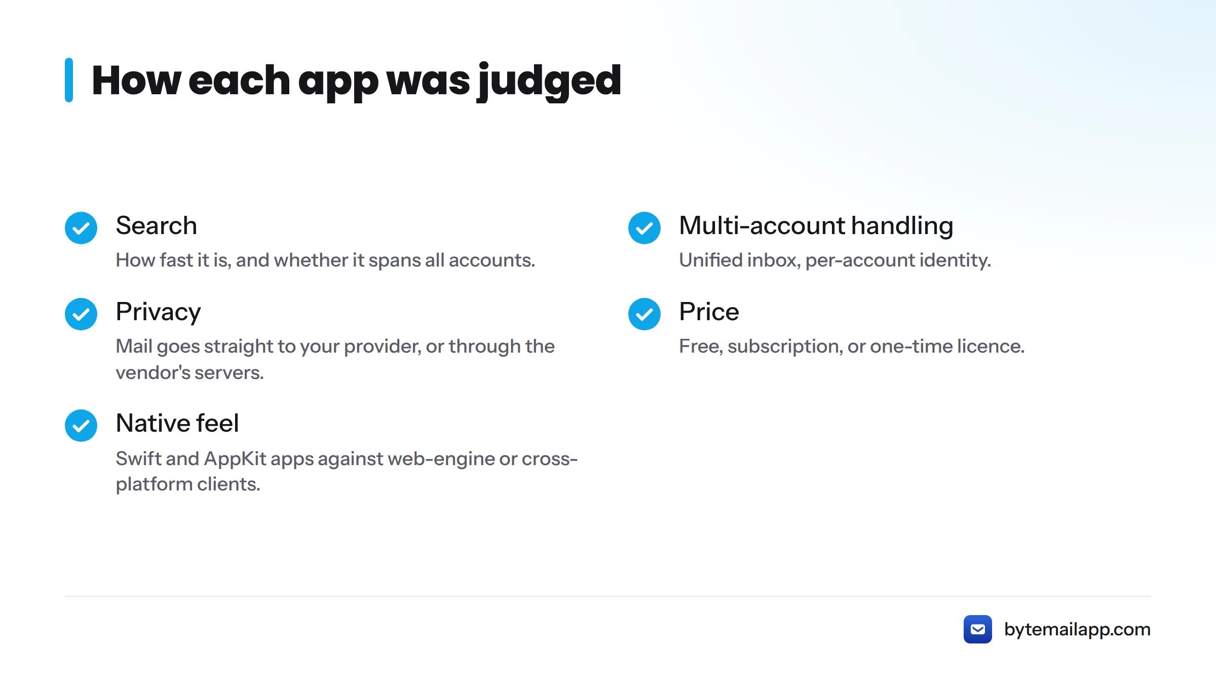 Five criteria used to evaluate Apple Mail alternatives: search, multi-account handling, privacy, price and native feel.