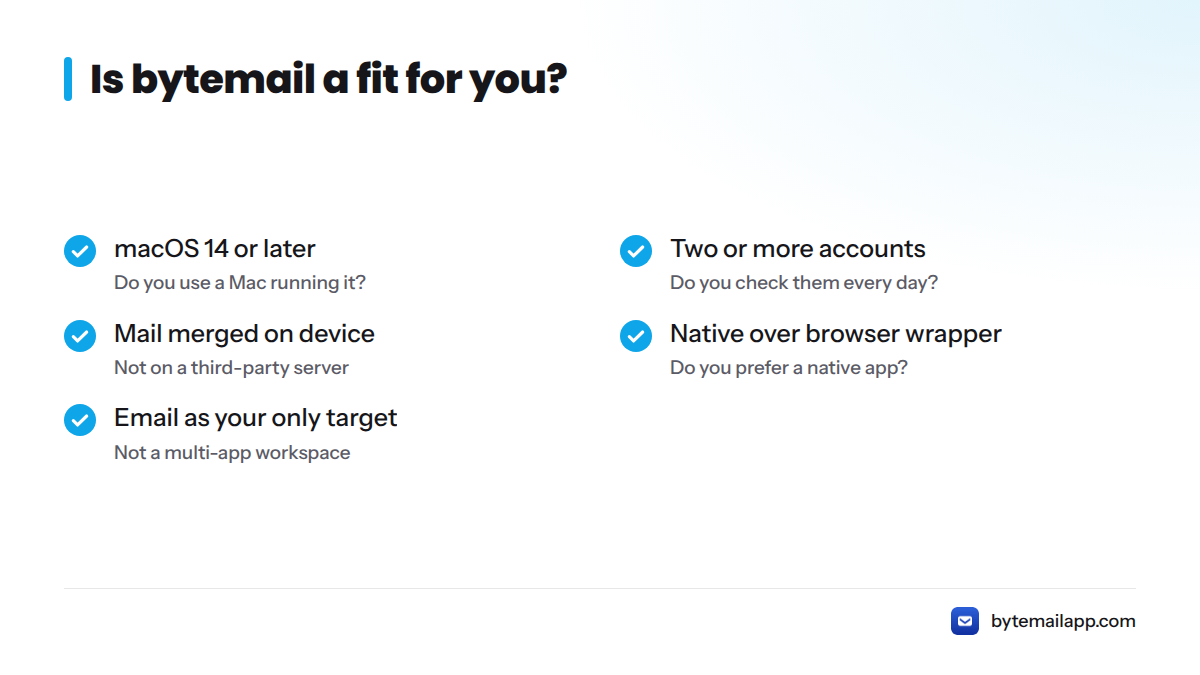 Checklist of five yes or no questions to decide whether bytemail fits, such as using macOS 14 or later and checking two or more accounts daily.