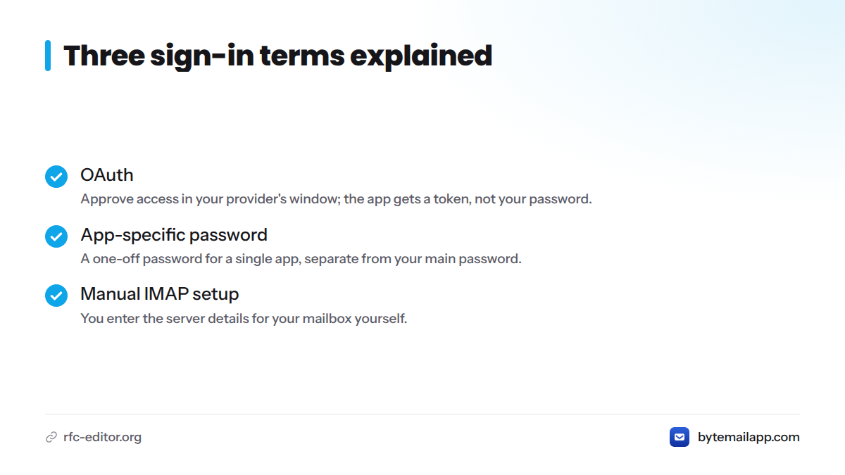 Checklist defining OAuth, app-specific password and manual IMAP setup.
