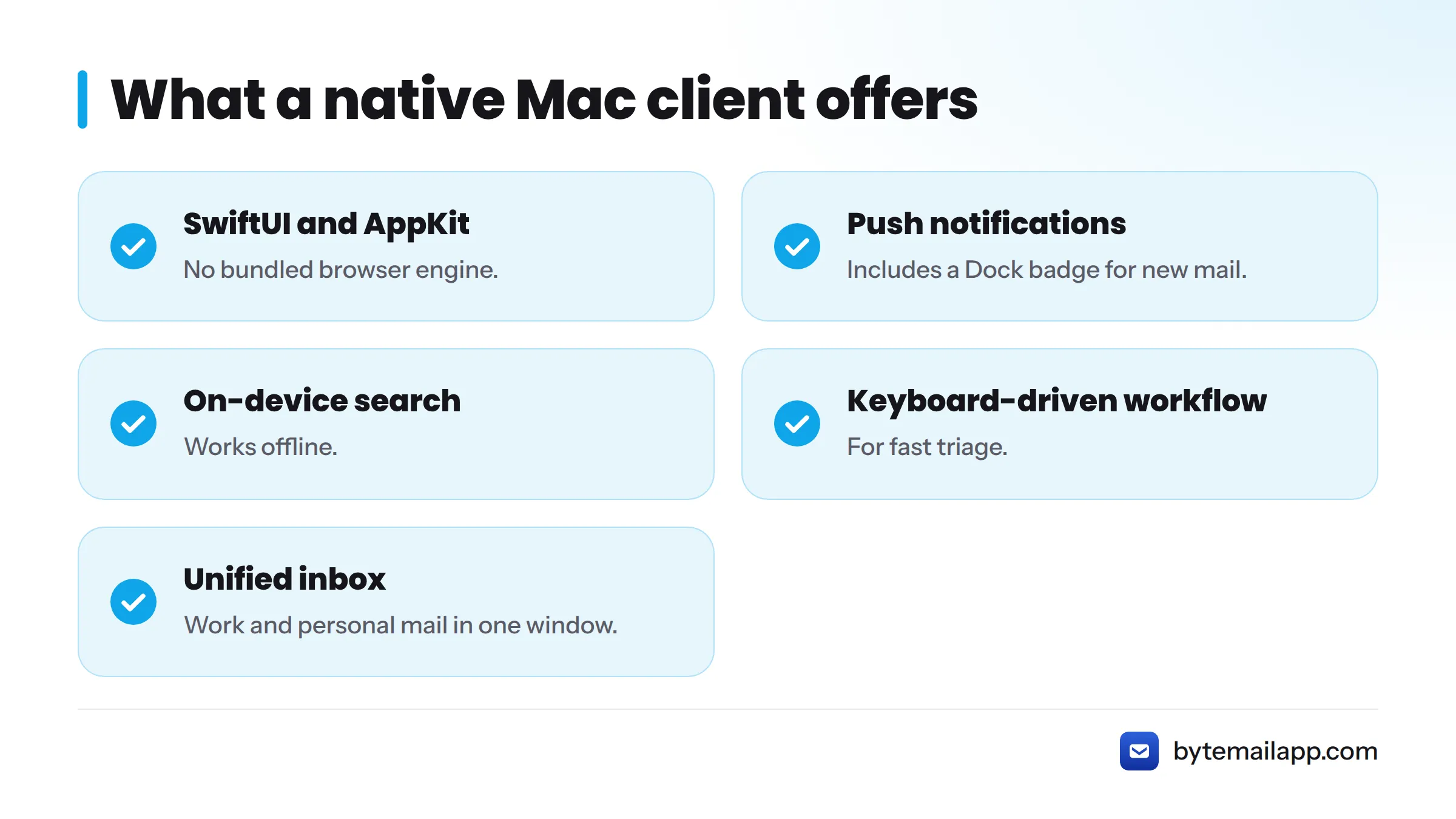 Five features of the native bytemail app, including push notifications, offline search and a unified inbox.