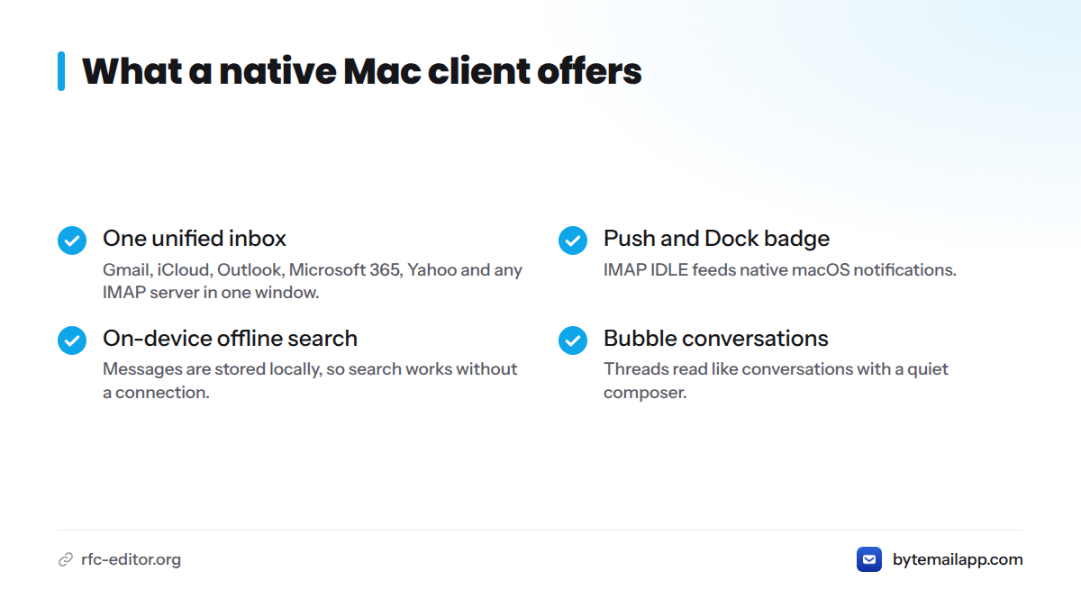 Checklist of four things a native Mac email client offers: unified inbox, push notifications with Dock badge, on-device offline search, and bubble conversations.