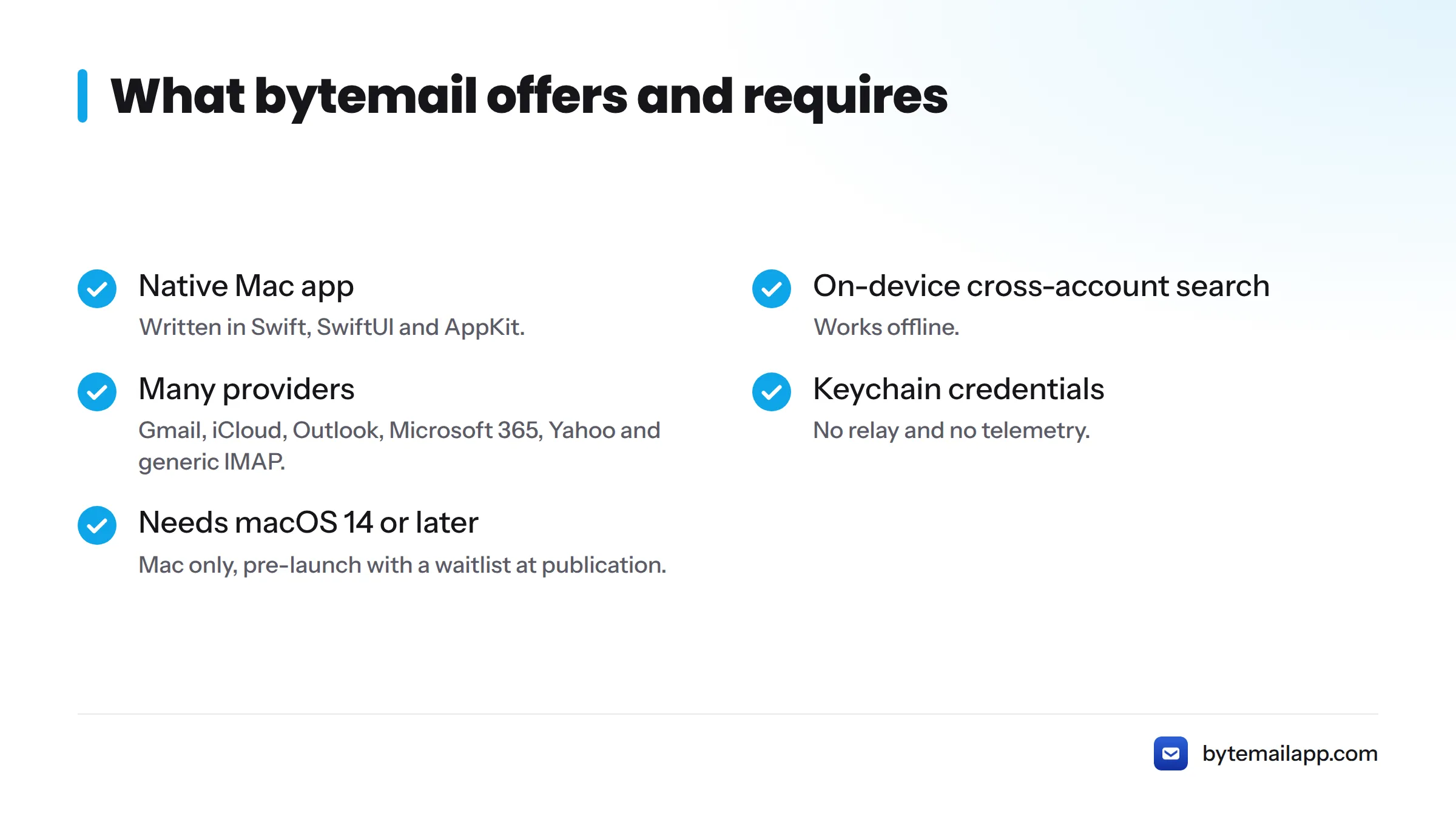 Checklist of bytemail's features and limits: native Swift app, on-device search, supported providers, Keychain credentials, macOS 14 requirement.