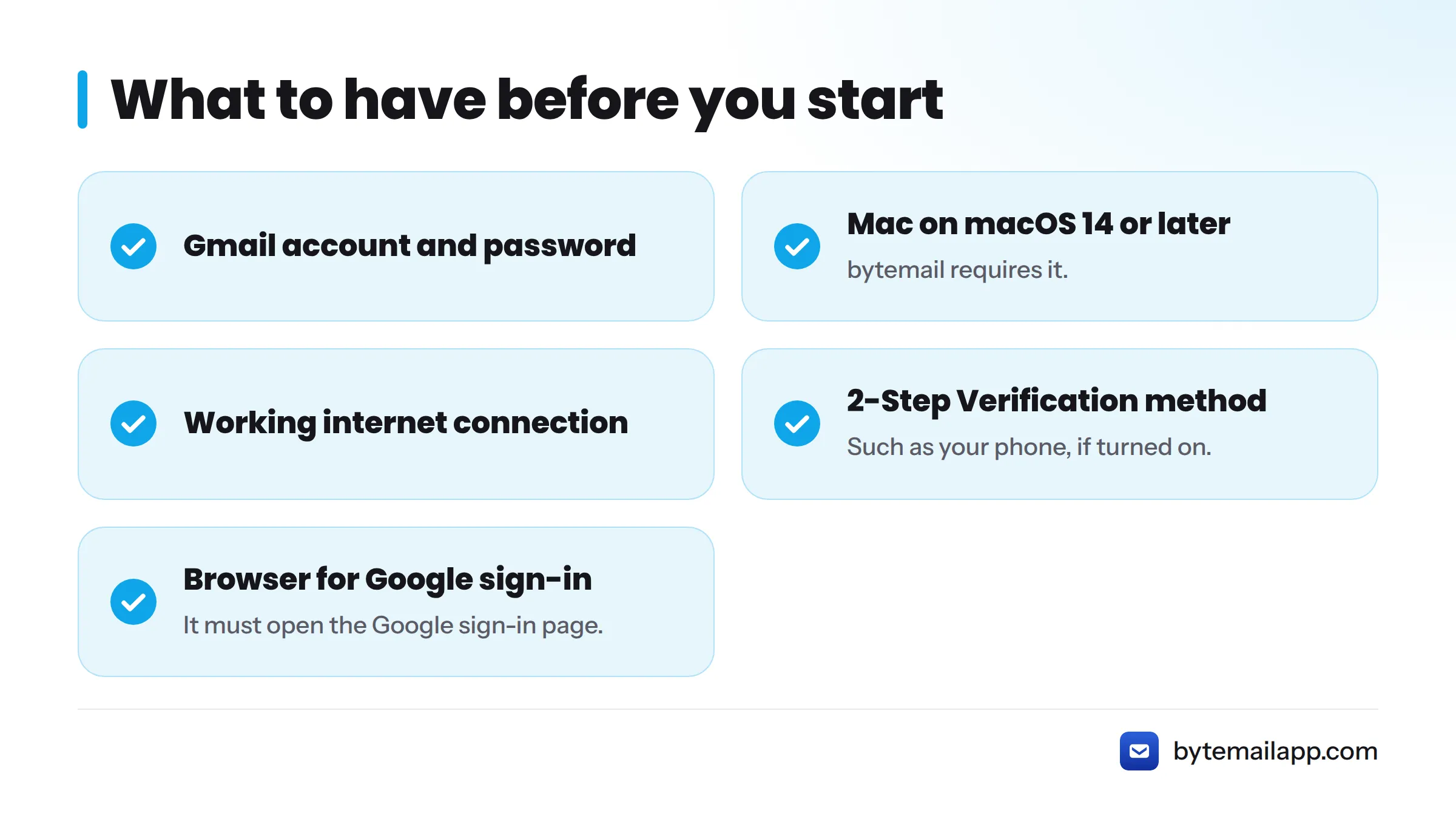 Checklist of five requirements: Gmail account and password, macOS 14 or later, internet connection, 2-Step Verification method, and a browser.