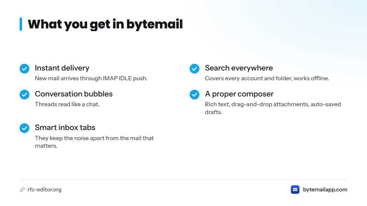 A checklist of bytemail features: instant delivery, search across accounts, conversation bubbles, a proper composer, and smart inbox tabs.