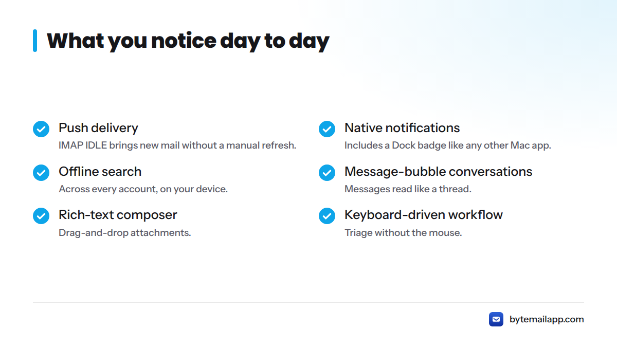 Checklist of daily features: push delivery, native notifications, offline search, message-bubble conversations, rich-text composer and keyboard workflow.