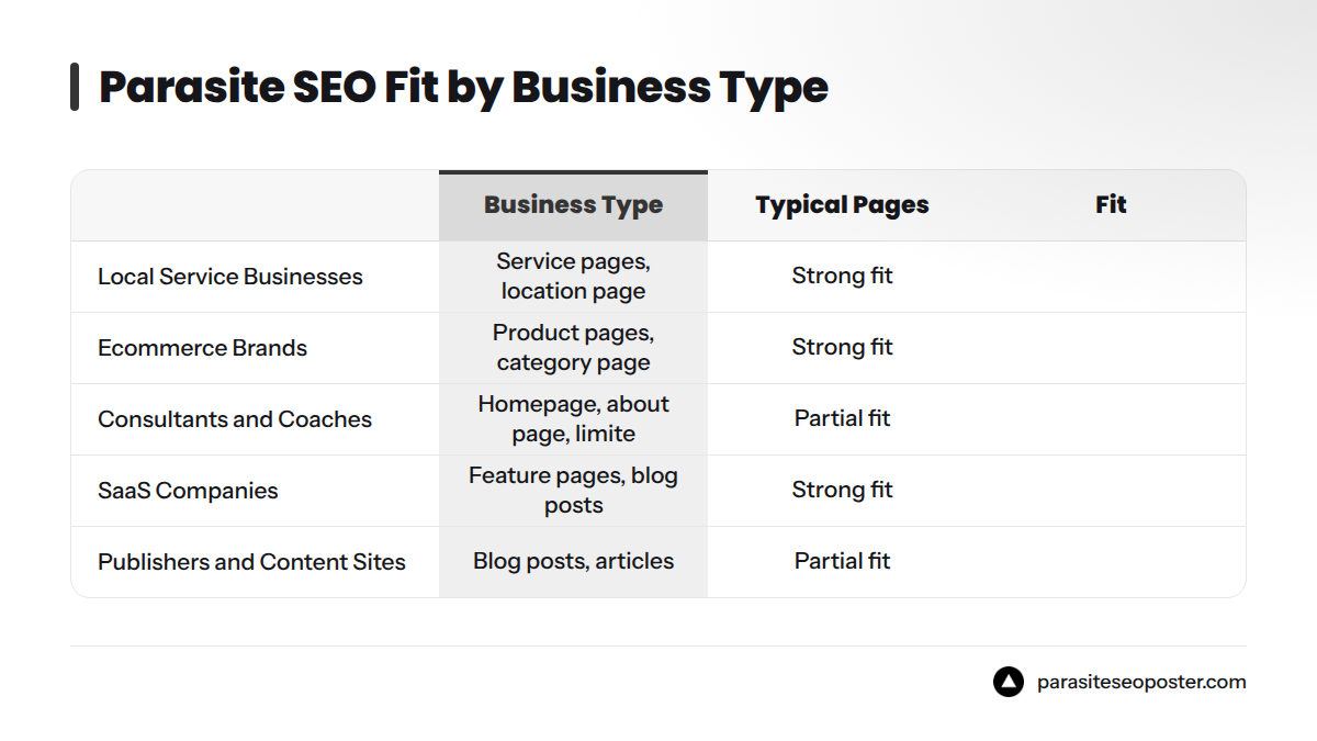 A comparison table showing which business types are strong or partial fits for parasite SEO based on typical pages and atomization potential. Local service businesses and ecommerce brands are strong f