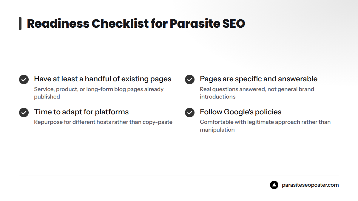 Four checkboxes representing prerequisites before starting parasite SEO: having published service or product pages, ensuring those pages are specific, having time to adapt content for platforms, and f