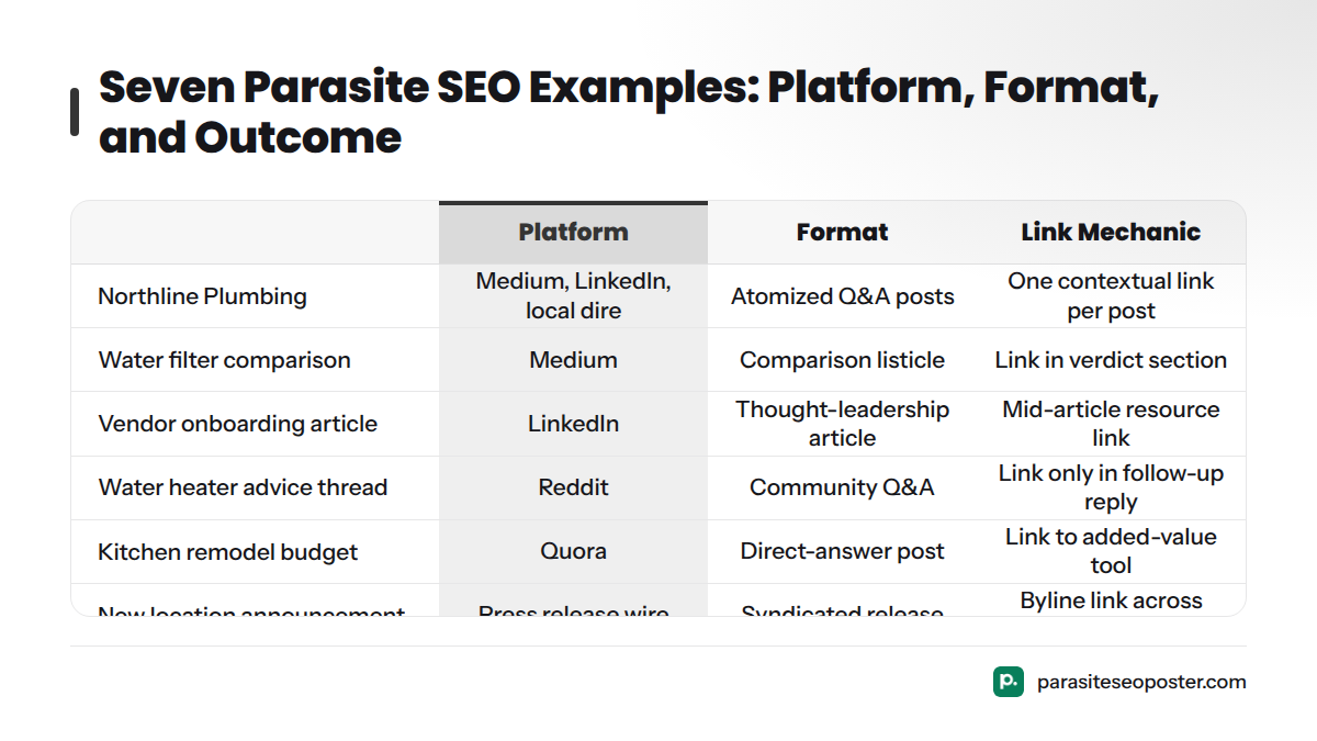 A comparison table of seven parasite SEO examples across Medium, LinkedIn, Reddit, Quora, press release wires, and YouTube, showing their formats and outcomes.