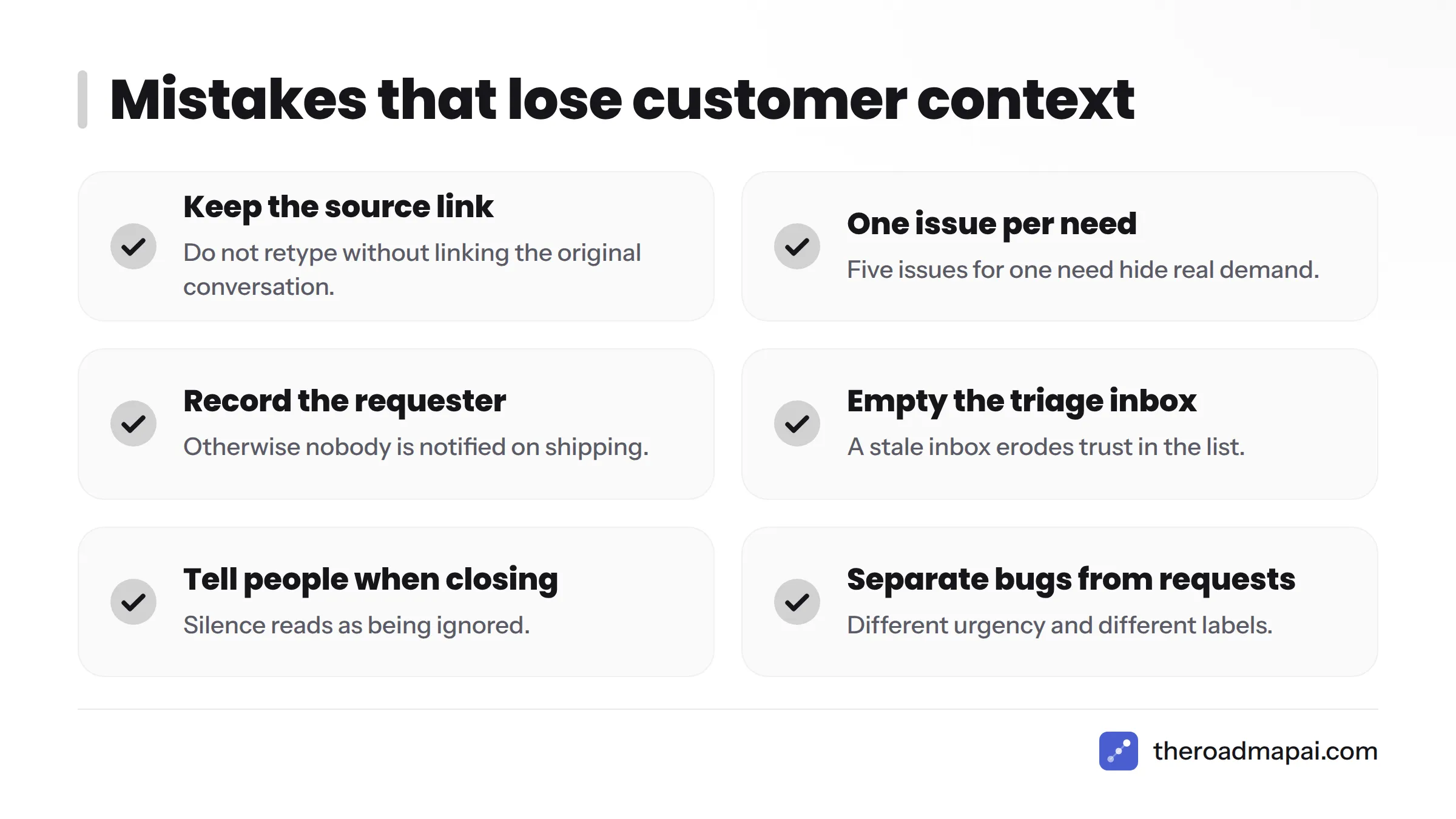 Checklist of six mistakes to avoid when tracking feature requests in Linear.