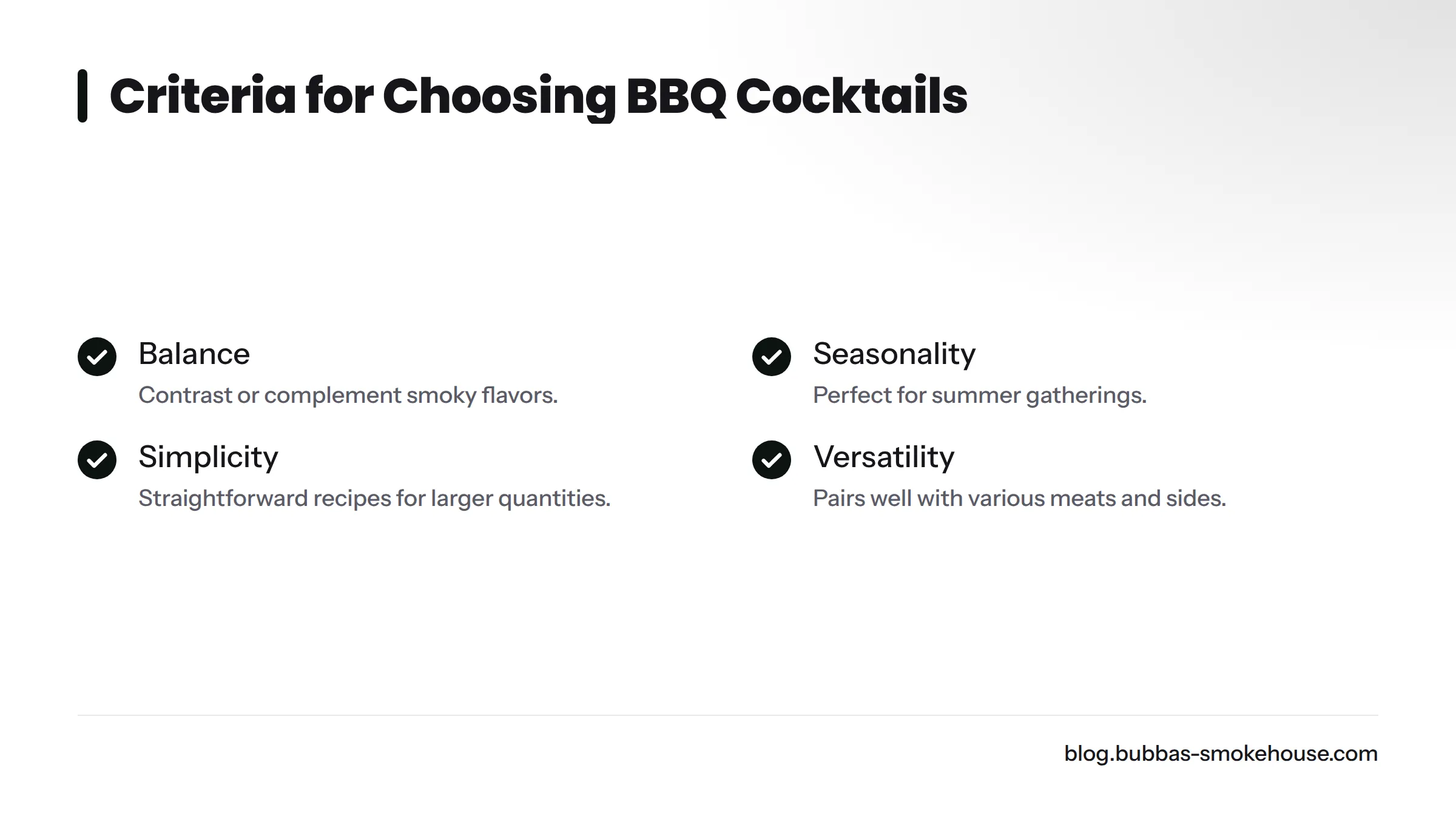 Checklist of criteria for selecting BBQ cocktails.