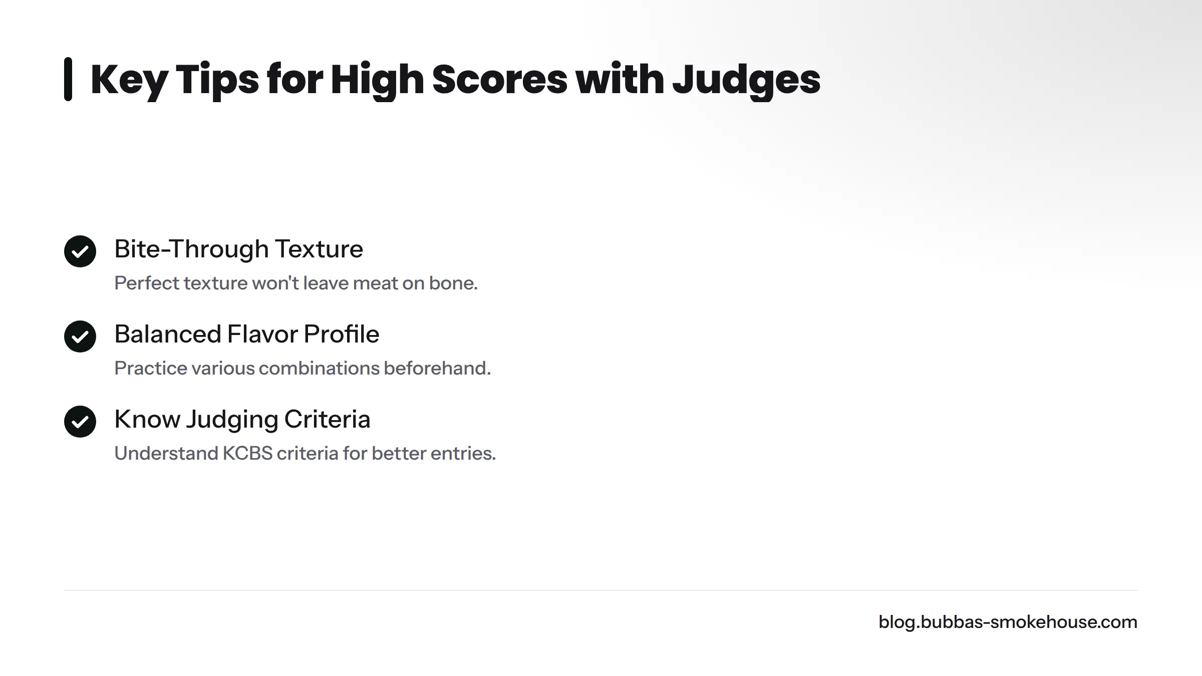 Checklist of crucial aspects to consider for pleasing judges in competitions.