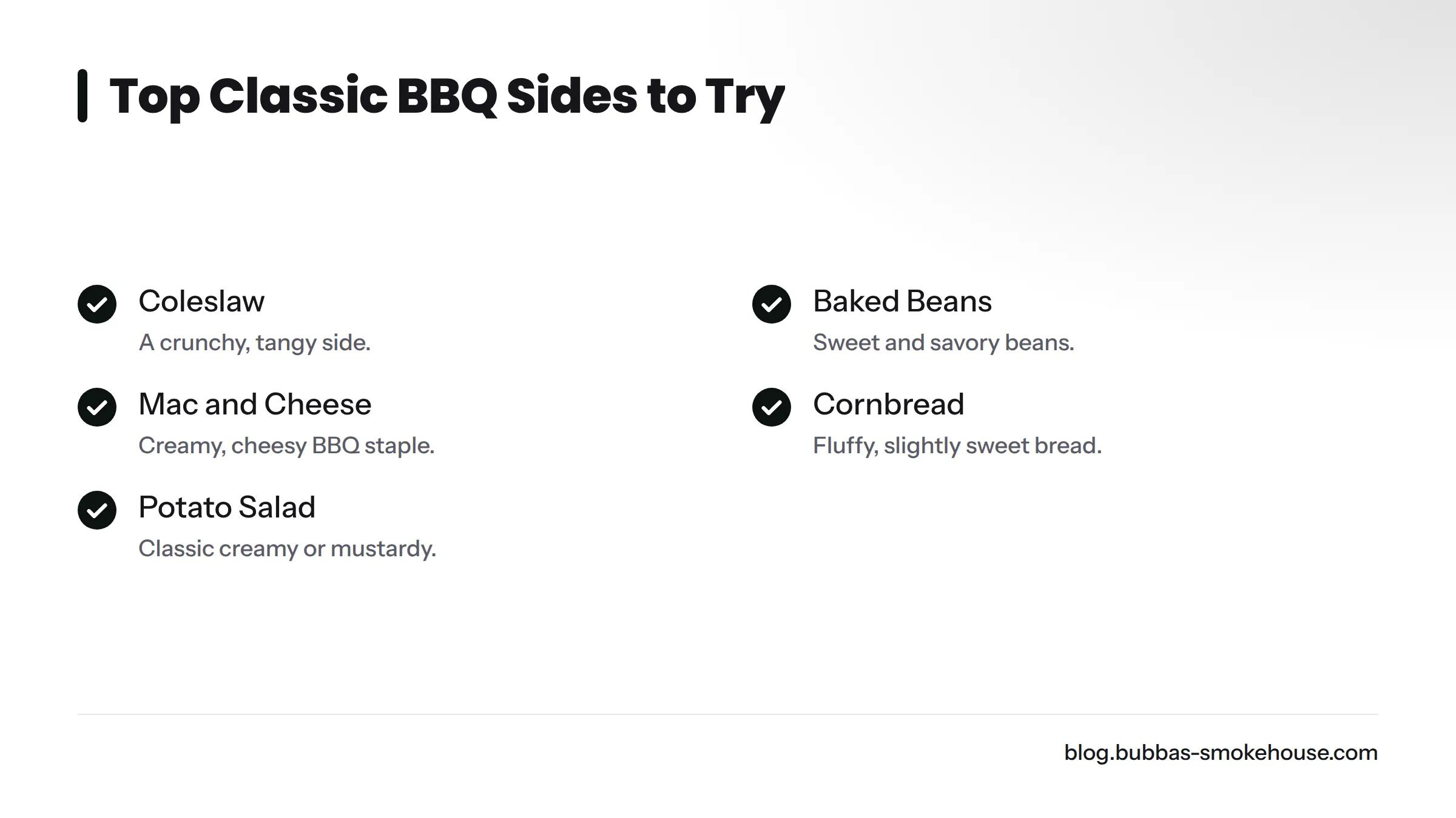 A checklist of classic BBQ sides including coleslaw, baked beans, and mac and cheese.