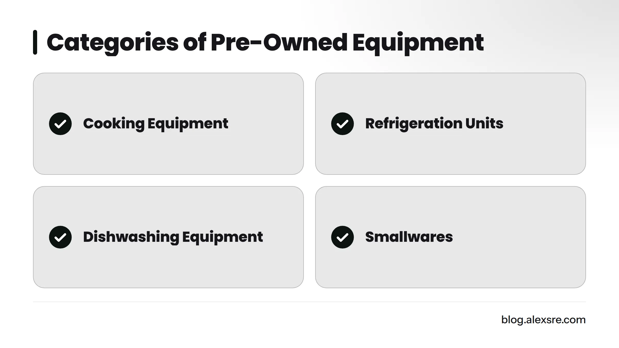 Checklist of categories for pre-owned equipment.