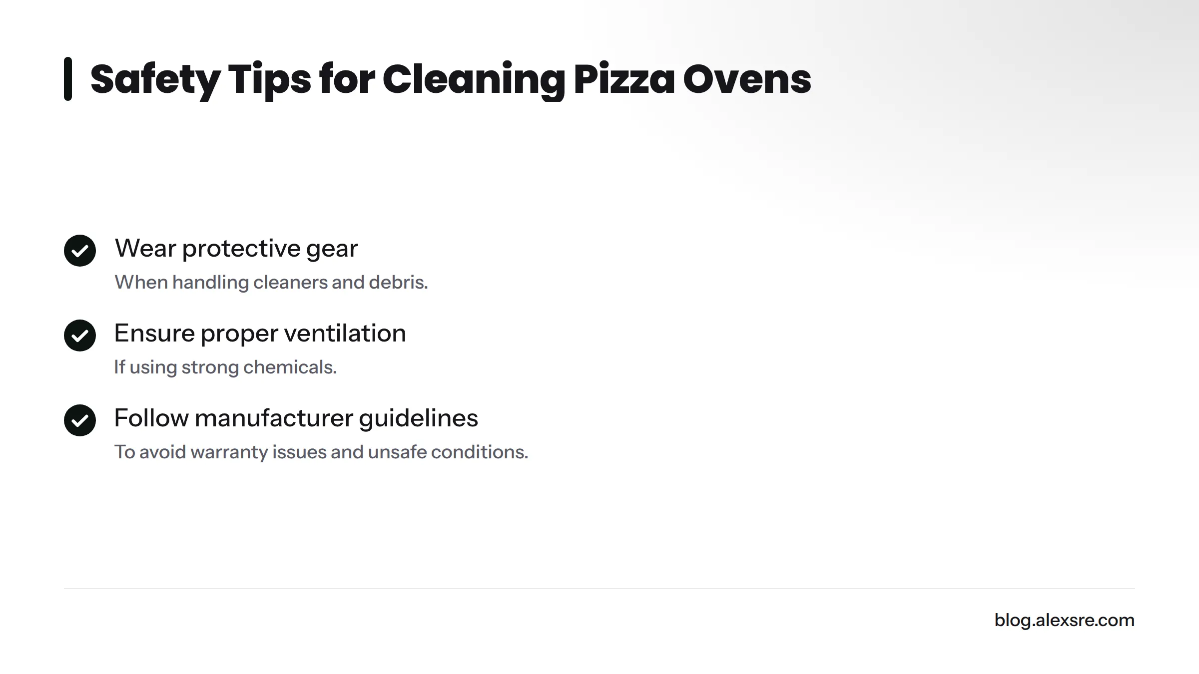 Checklist of safety tips for cleaning commercial pizza ovens.
