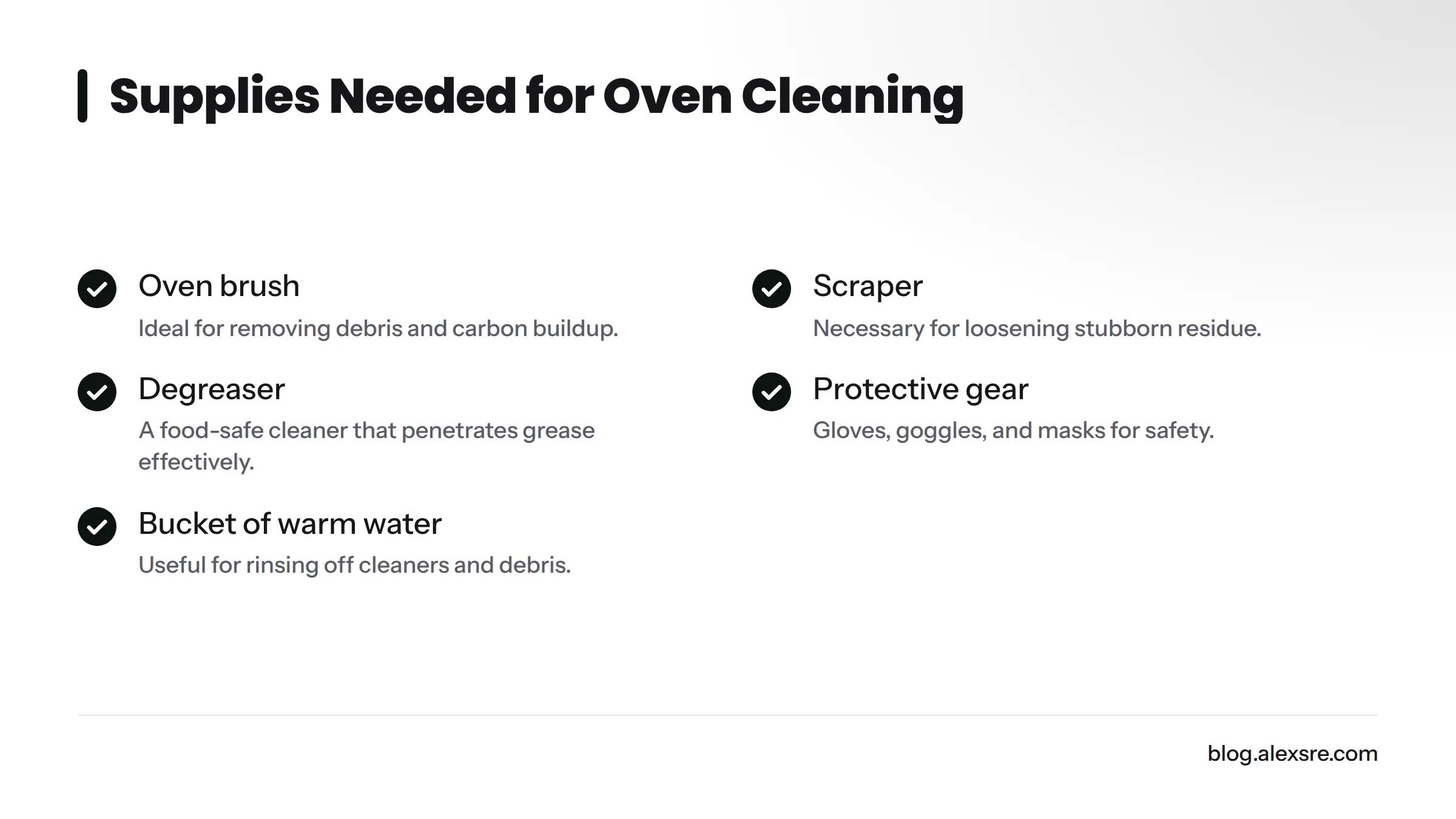 Checklist of supplies needed for cleaning a commercial pizza oven.