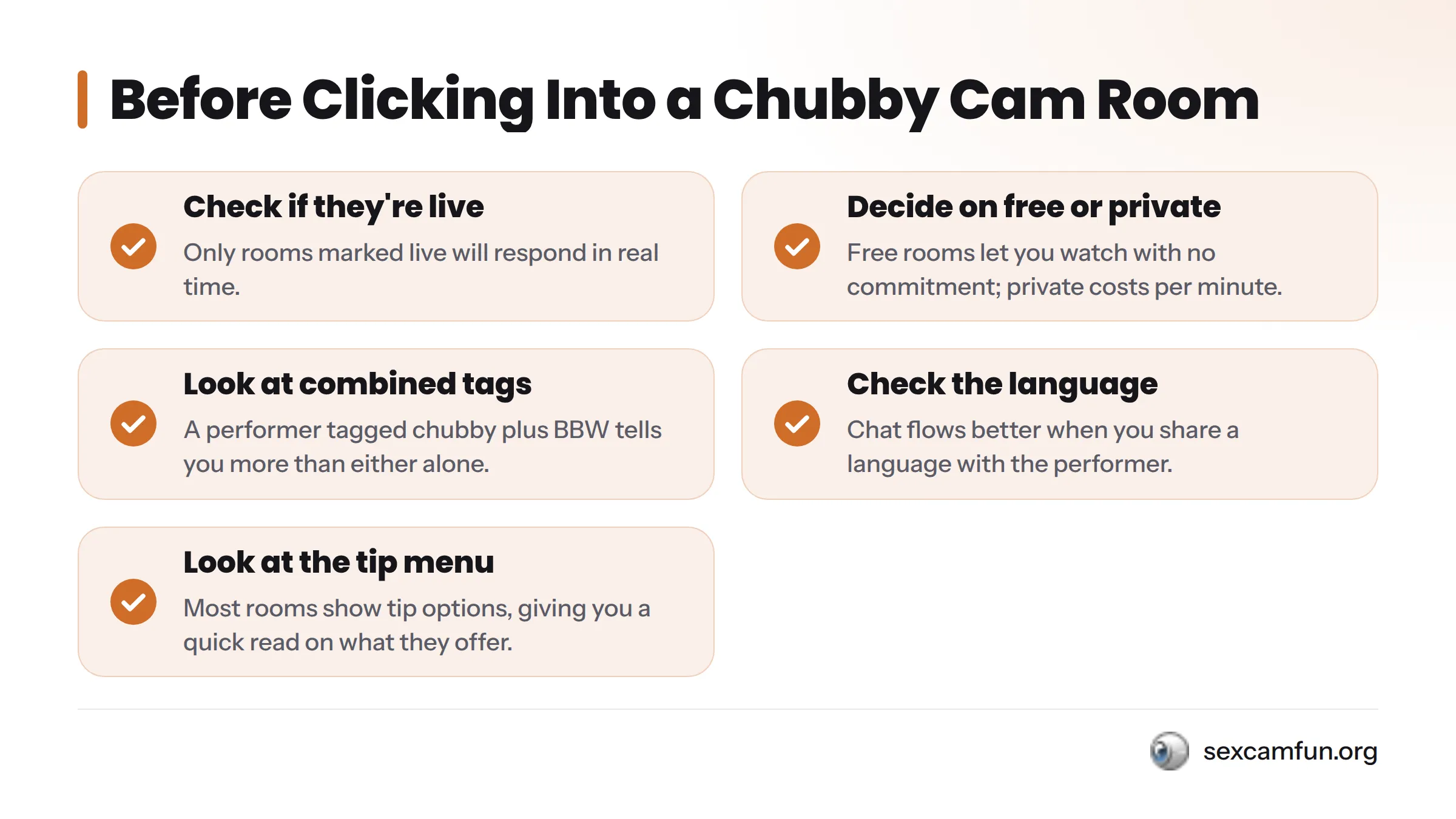 Five-item checklist: Check if live, decide free or private, look at combined tags, check language, and look at tip menu.
