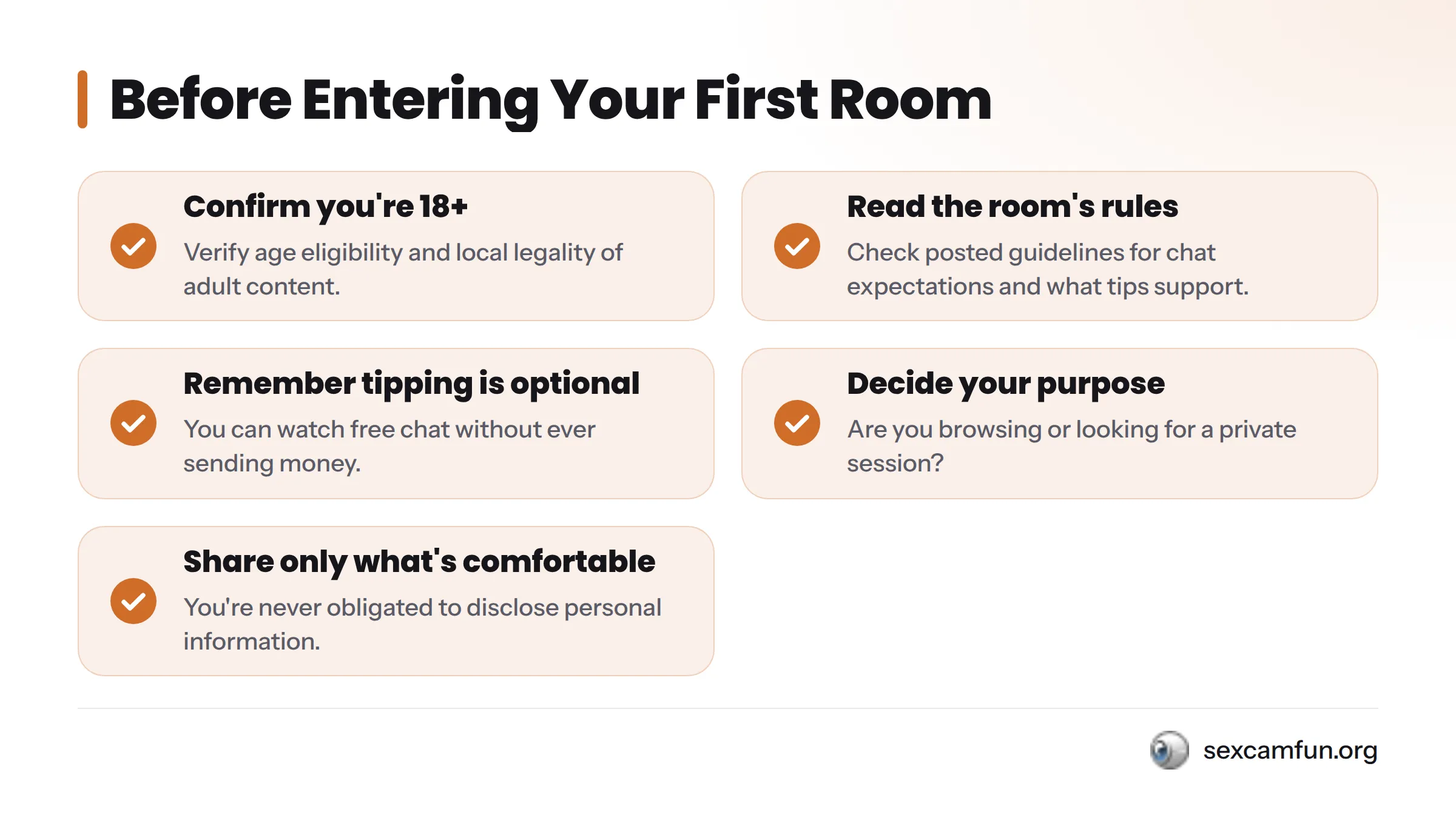 Five checklist items: confirm age 18+, read room rules, remember tipping is optional, decide your purpose, and share only comfortable information.