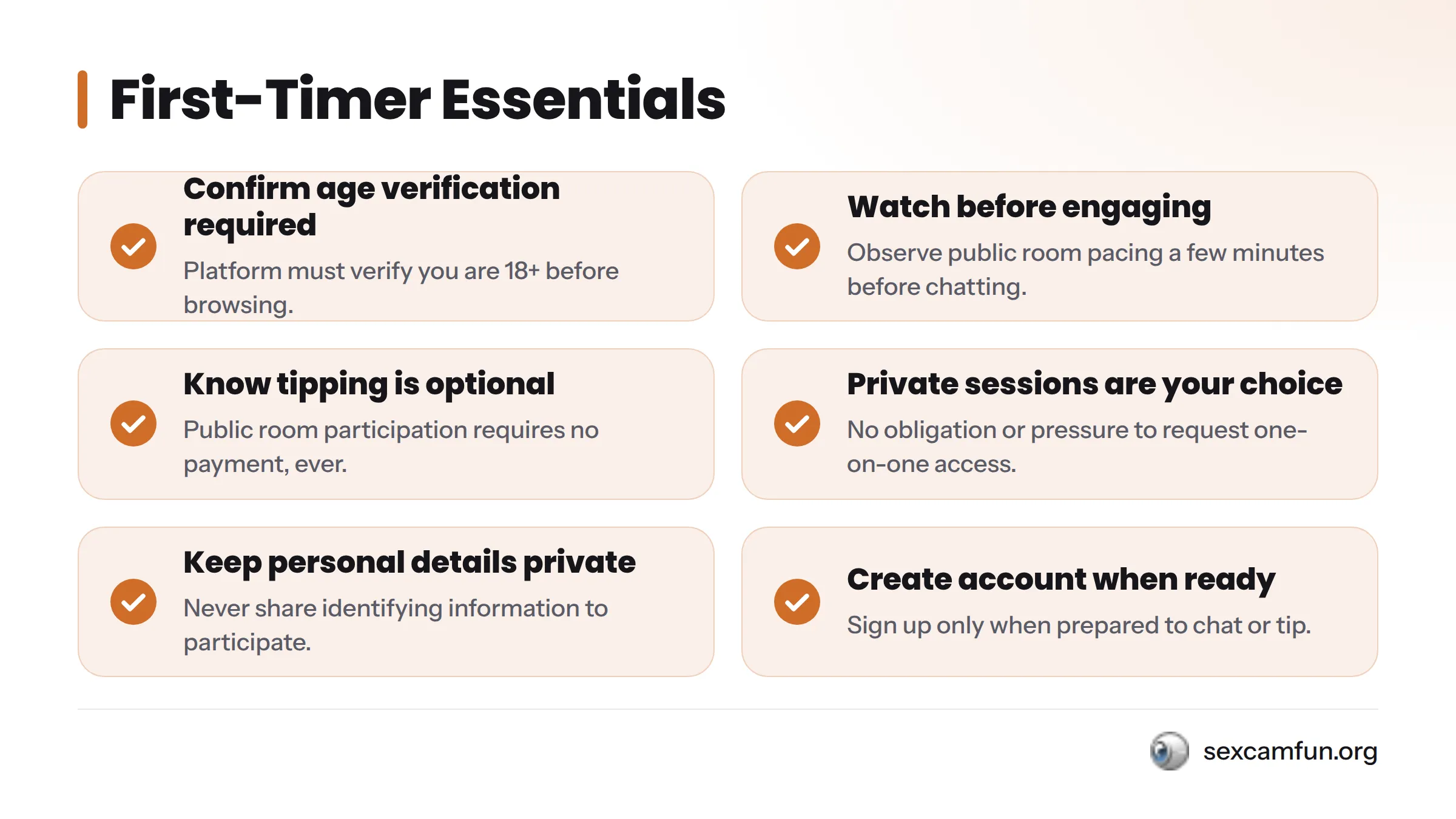 Six-item checklist covering age verification, understanding pacing, optional tipping, private sessions as choice, privacy protection, and account setup.