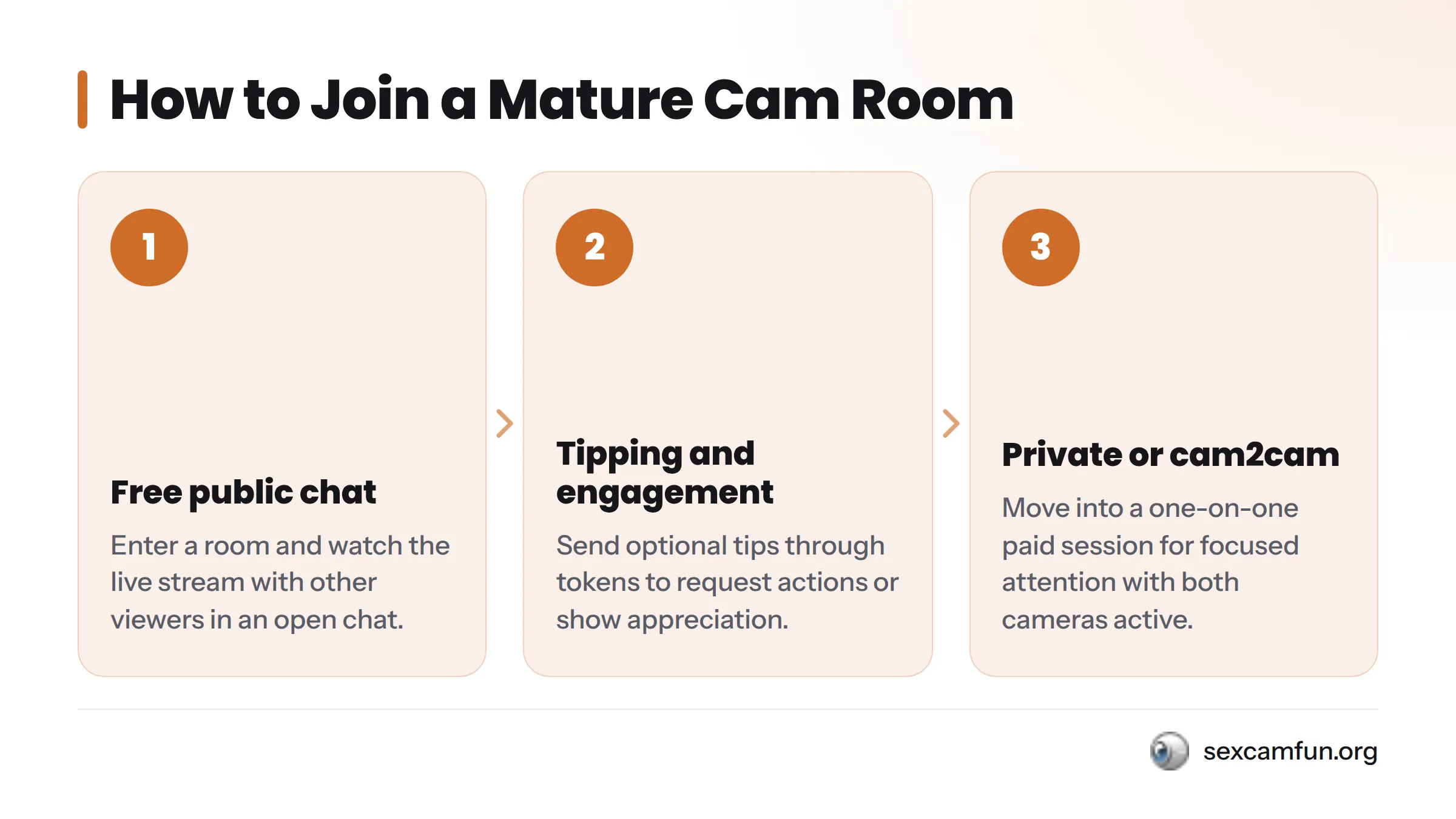 Three sequential steps: Enter free public chat with multiple viewers, send optional tips to request actions, or move to a private one-on-one session.