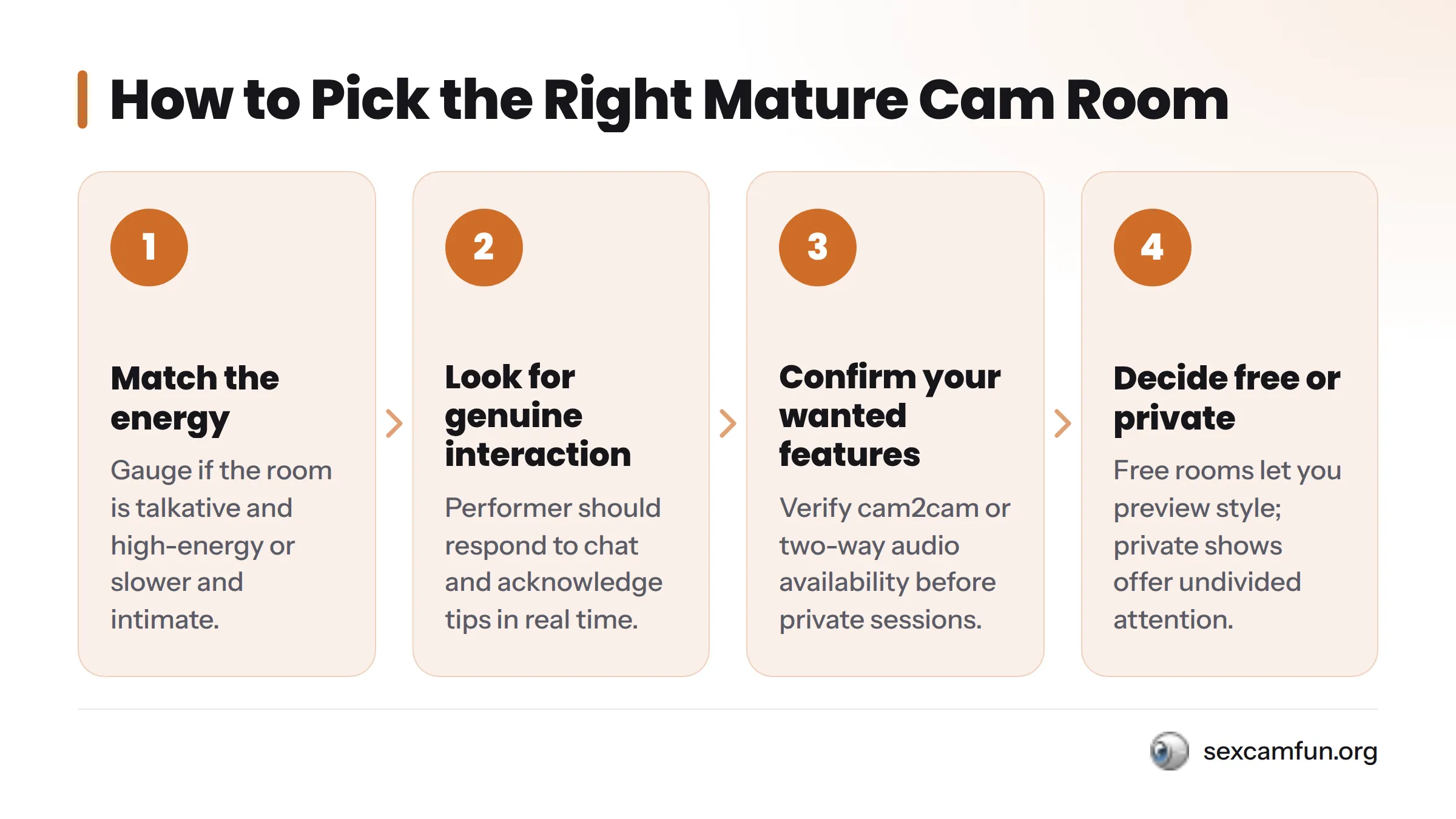 Four-step process for selecting a mature cam show: match the energy, confirm genuine interaction, verify features, and decide on free versus private.