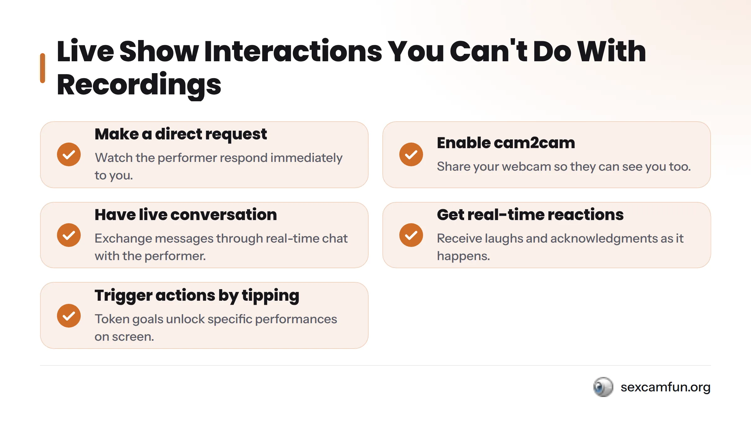 Five capabilities exclusive to live mature cam rooms: making direct requests and seeing immediate responses, enabling cam2cam for two-way video, having real-time conversations through chat, getting…