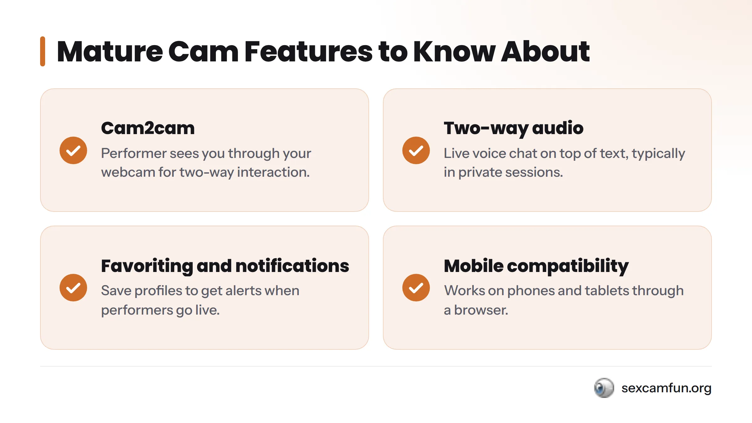 Checklist of four interactive features: cam2cam, two-way audio, favoriting and notifications, and mobile compatibility.
